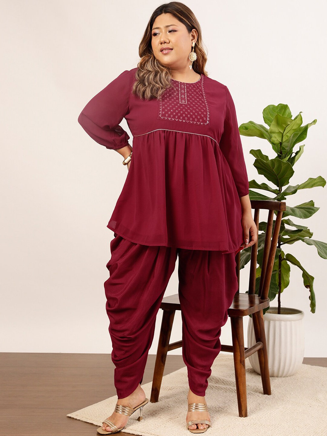 

indo street Plus Size Floral Yoke Design Sequined A-Line Kurti with Dhoti Pants, Maroon