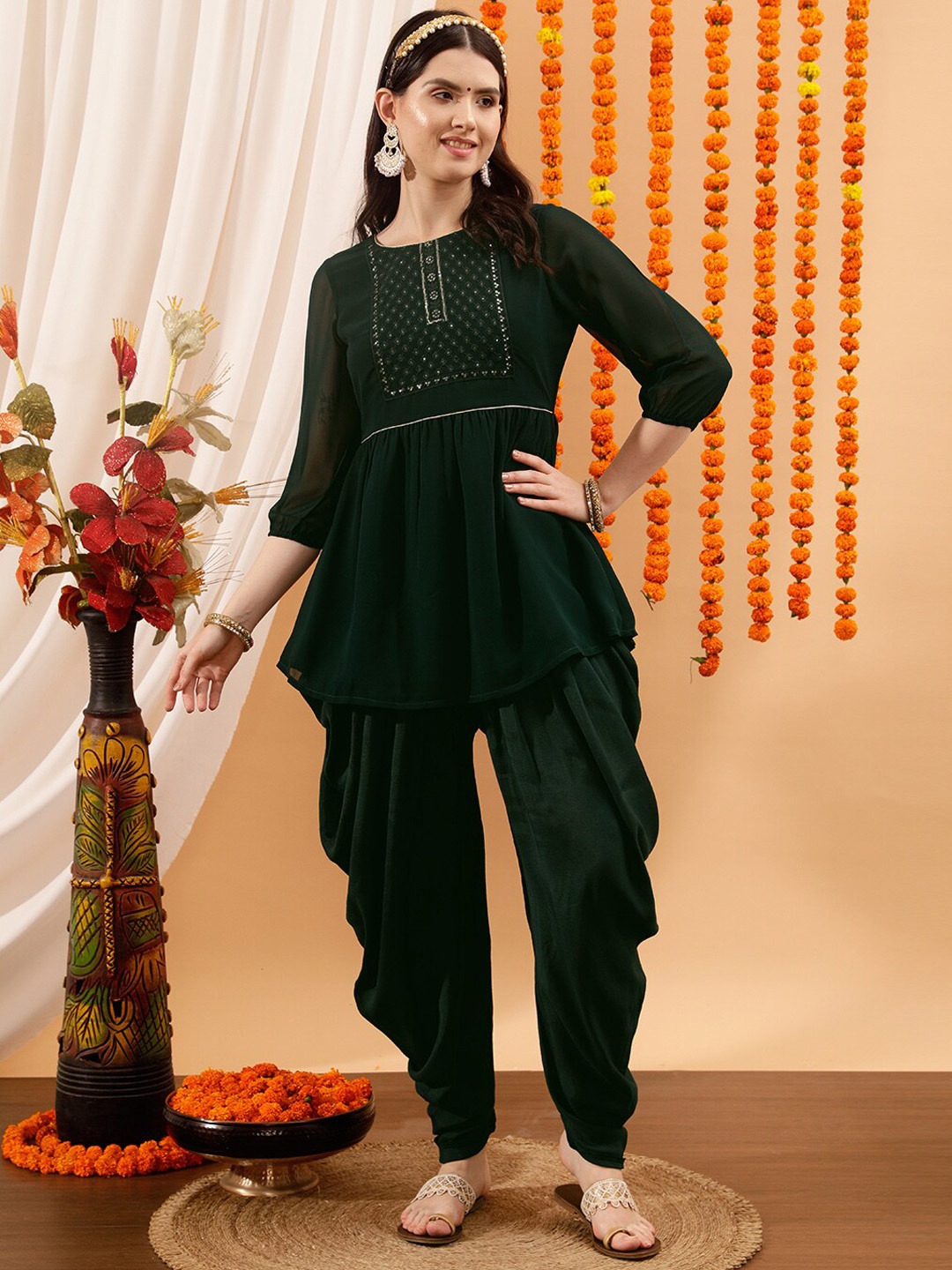 

indo street Ethnic Motifs Yoke Design Regular Sequinned Kurta with Dhoti Pants, Green