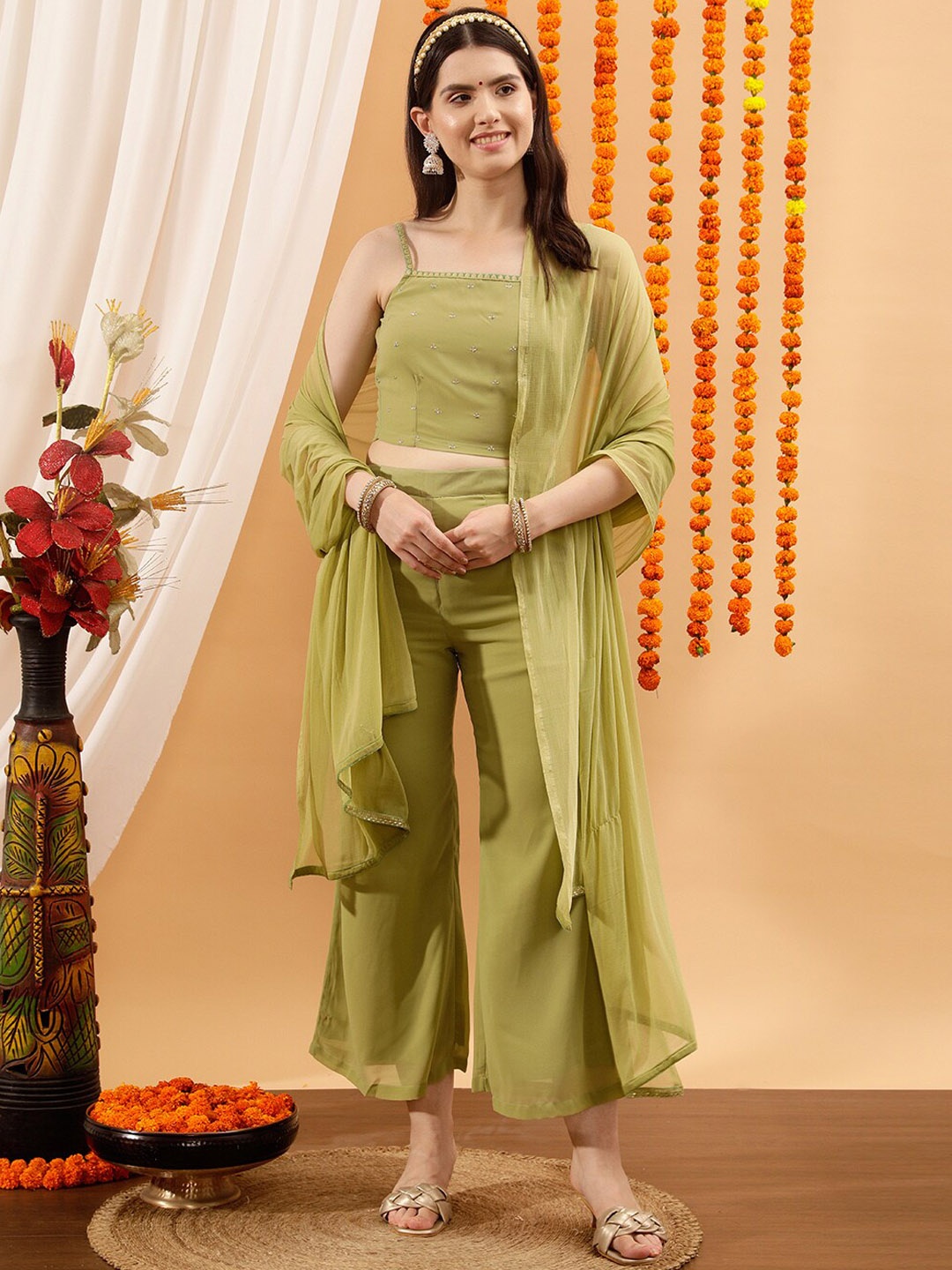 

indo street Embellished Crop Top & Palazzos Co-Ord Set, Green
