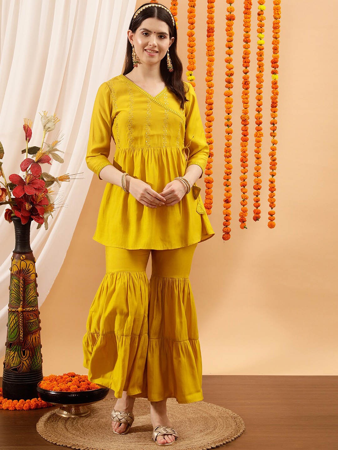 

indo street Ethnic Motifs Yoke Design Thread Work Sequined Angrakha Kurti & Sharara, Yellow