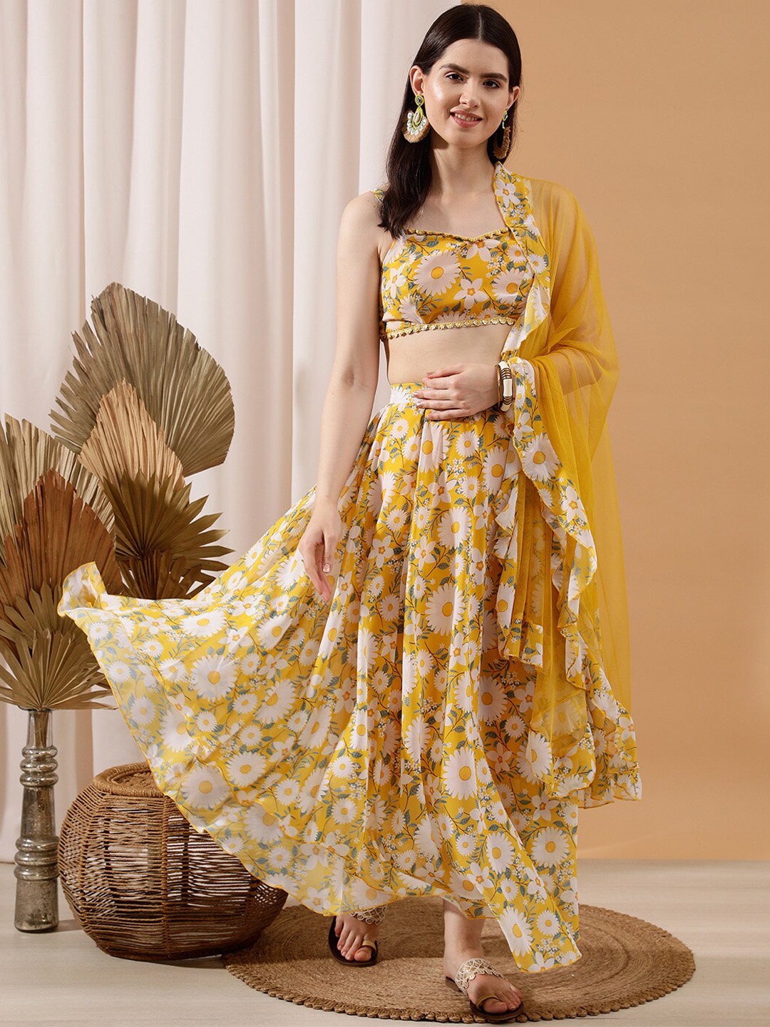 

indo street Floral Printed Crop Top & Skirt, Yellow