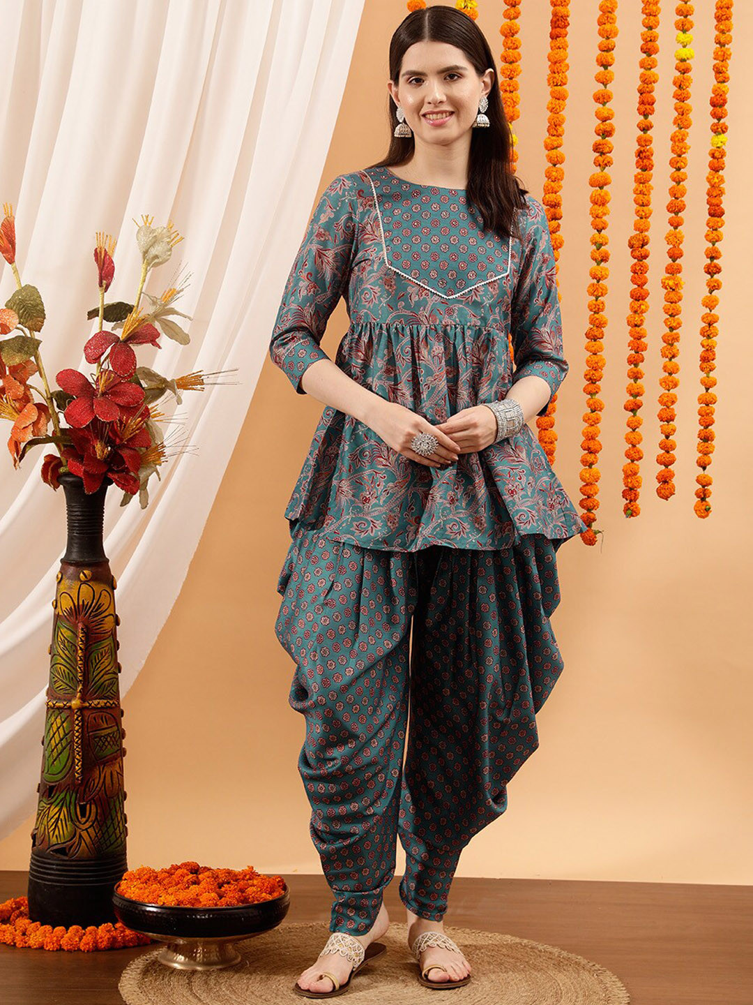 

indo street Floral Printed Regular Gotta Patti Kurti with Dhoti Pants, Blue