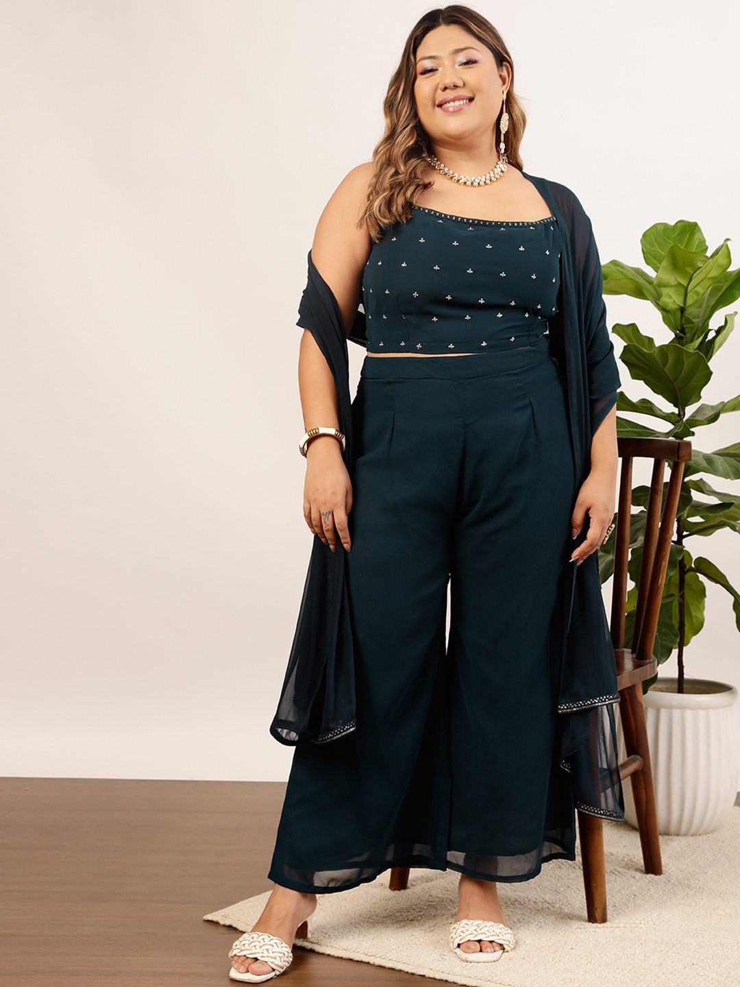 

indo street Plus Size Embellished Crop Top & Palazzos, Navy blue