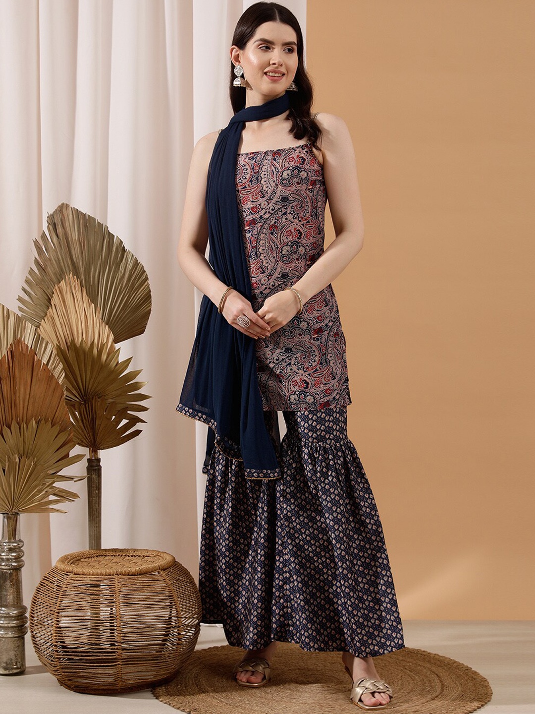 

indo street Ethnic Motifs Printed Regular Kurti With Sharara & Dupatta, Blue