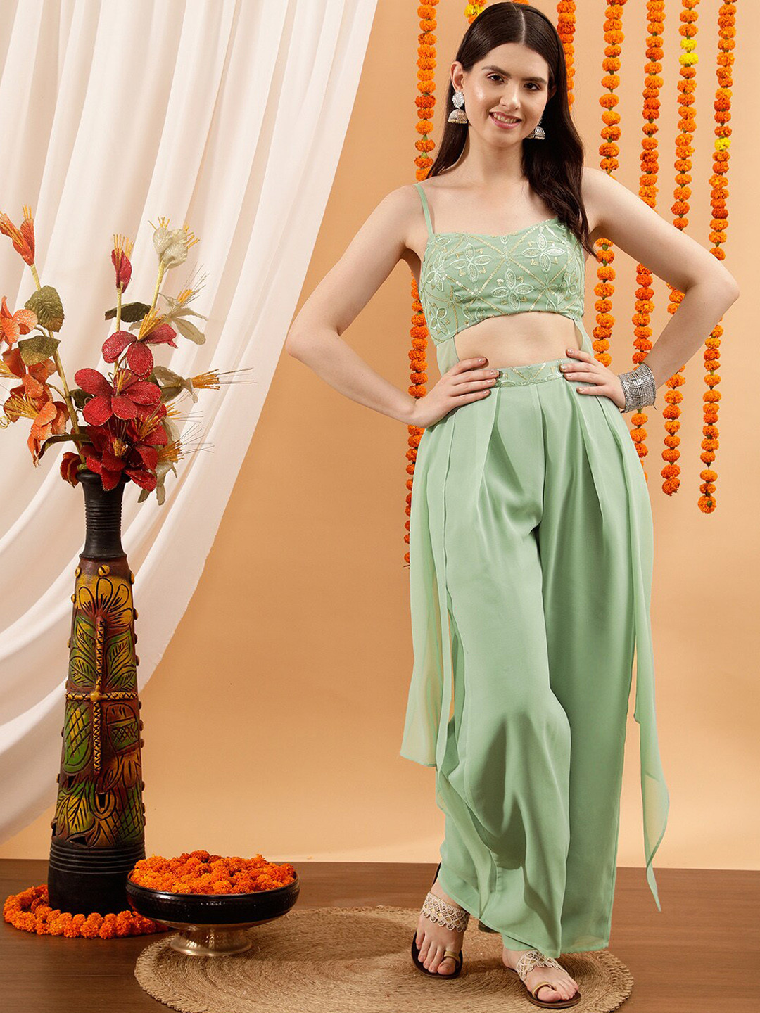 

indo street Sequinned Crop Top & Palazzo, Green