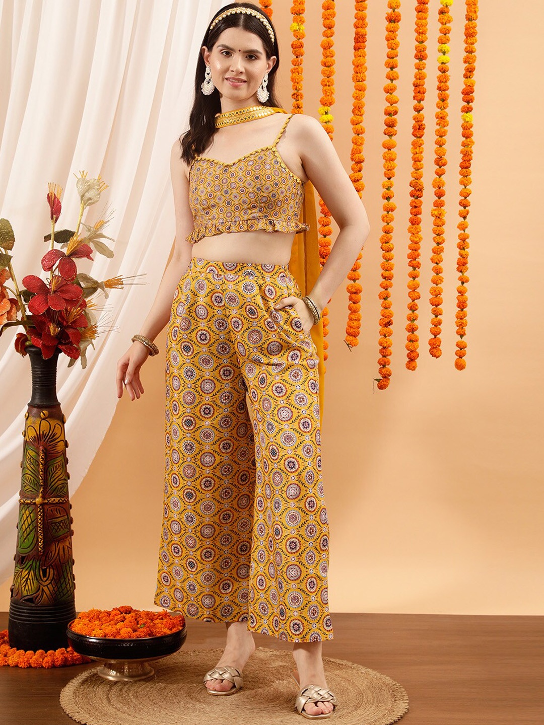 

indo street Floral Printed Top & Palazzo, Yellow