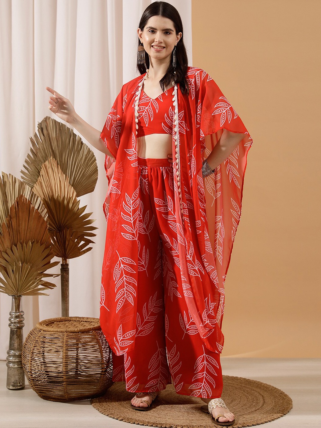 

indo street Printed Top Shrug & Palazzo, Red