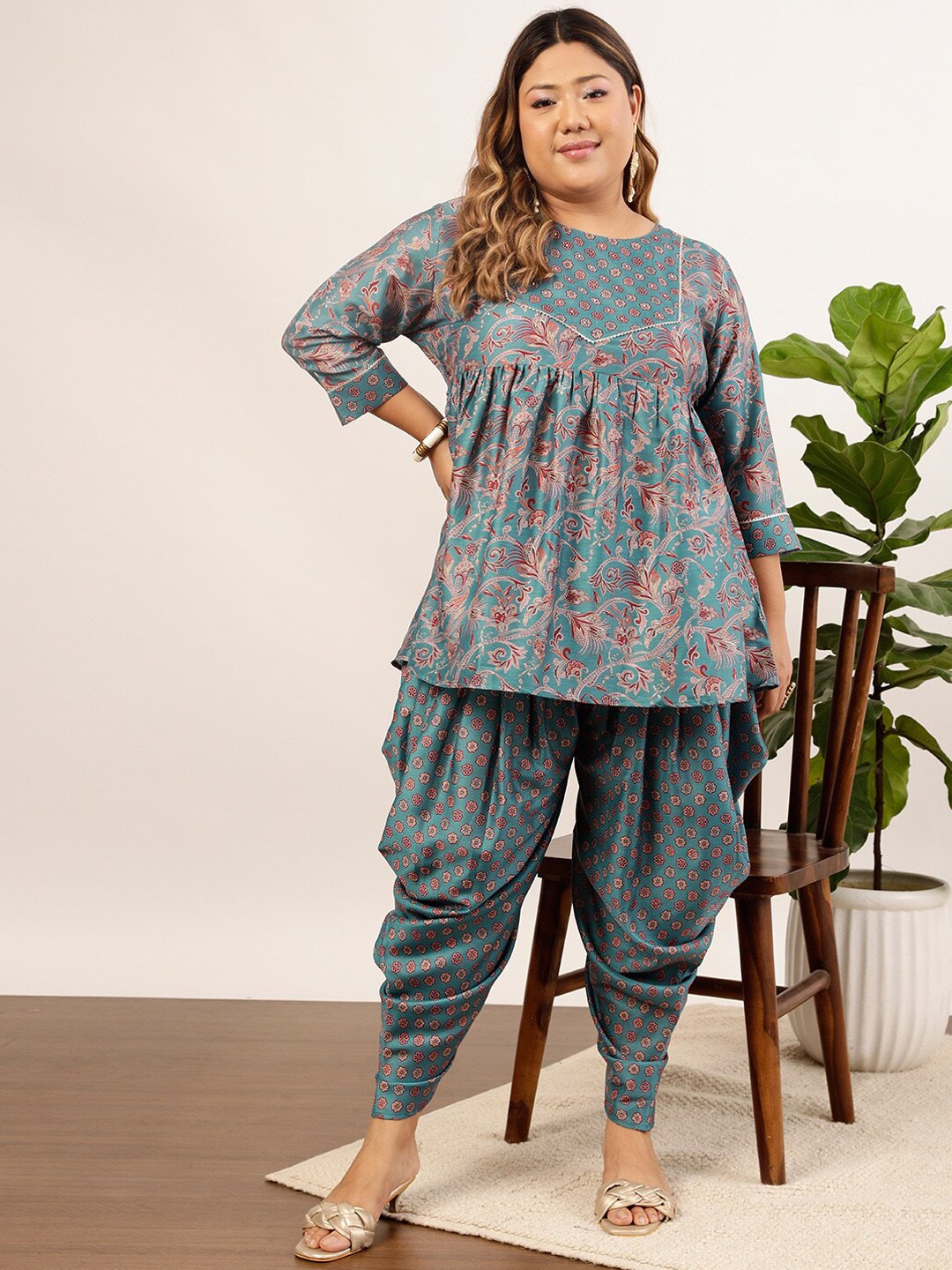 

indo street Plus Size Floral Printed Sequin A-Line Kurti with Dhoti Pants, Blue