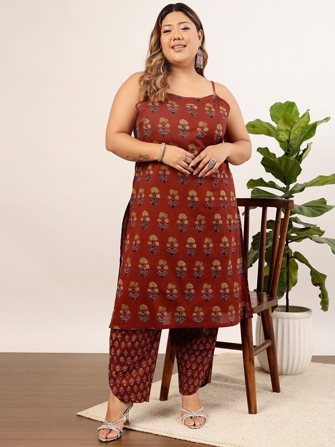 

indo street Plus Size Ethnic Motifs Printed Shoulder Strap Pure Cotton Kurta with Trousers, Rust