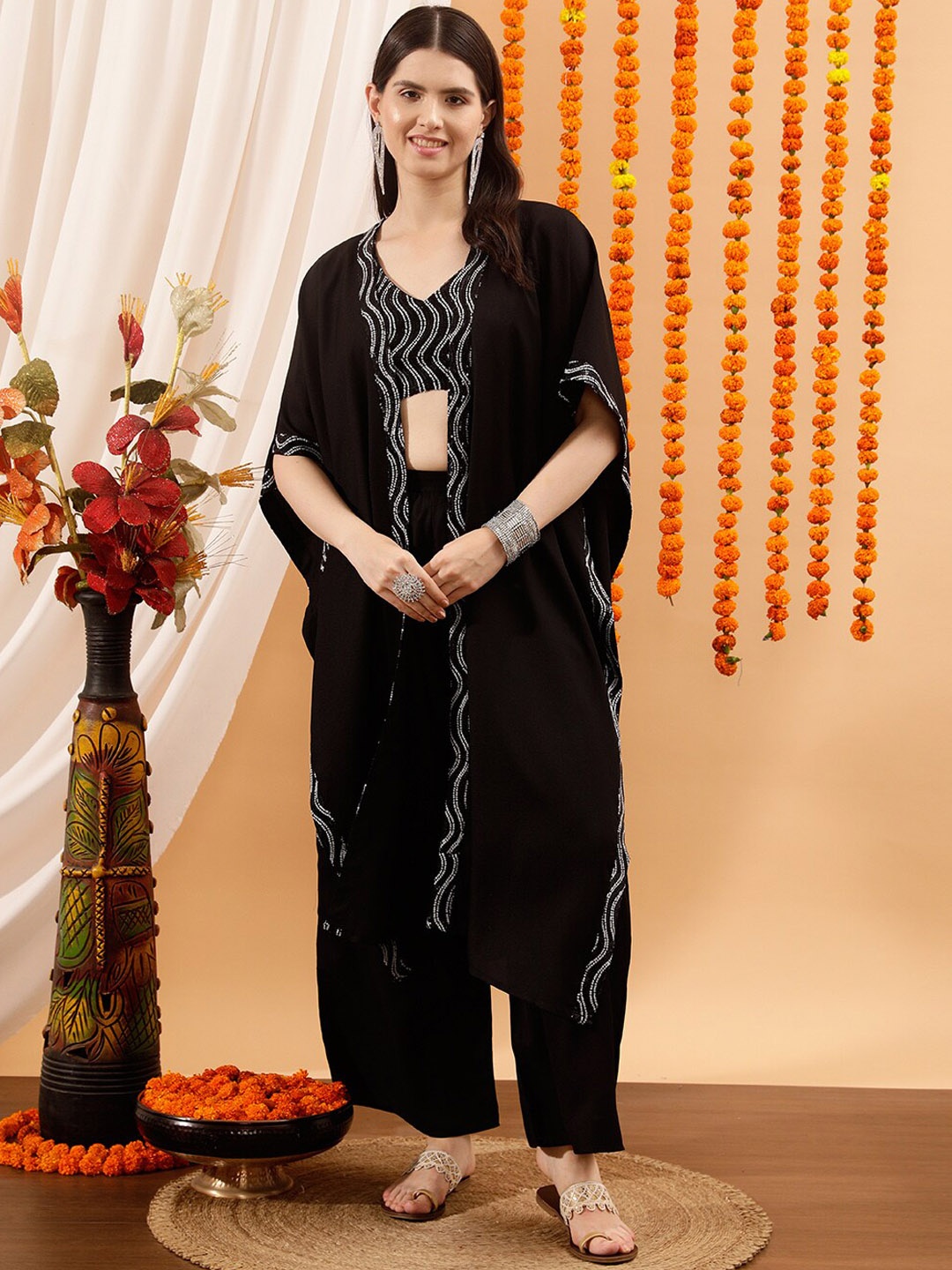 

indo street Embellished Crop Top & Palazzos With Shrug, Black
