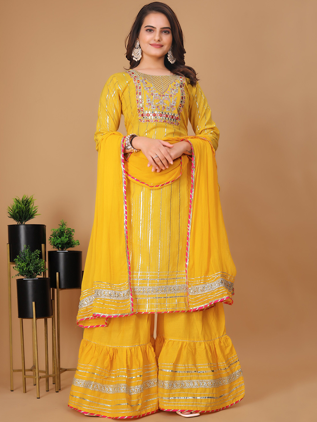 

Navlik Ethnic Motifs Embroidered Gotta Patti Pure Cotton Kurta with Sharara & Dupatta, Yellow