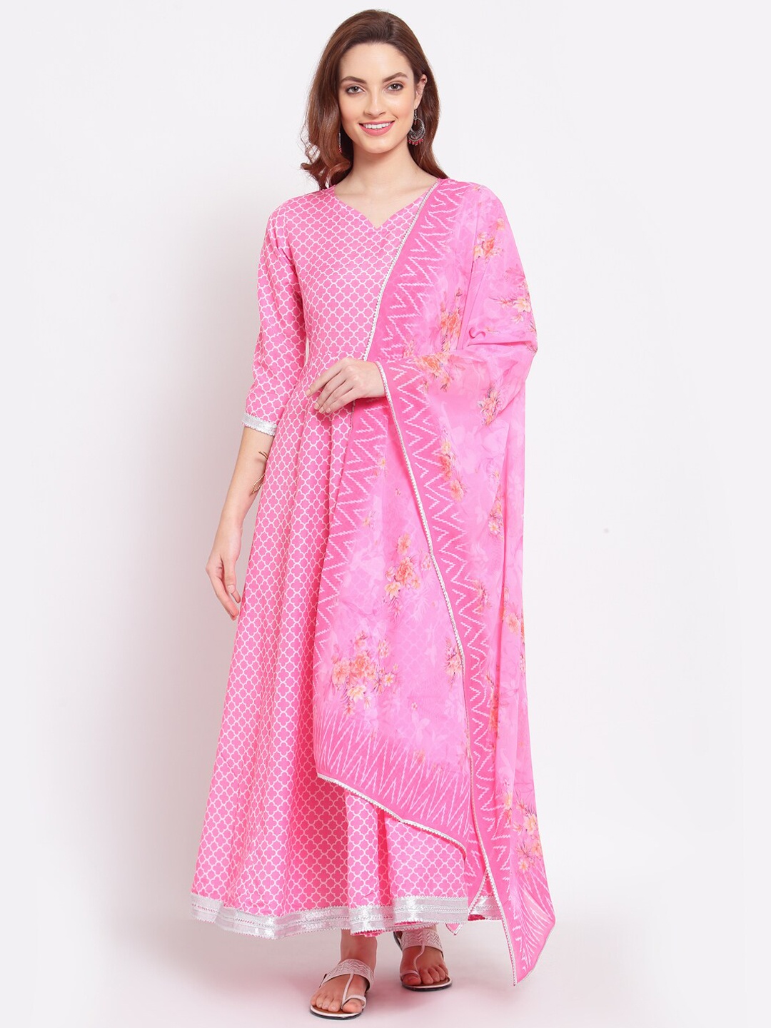 

Sangria Pink Etnic Motifs Printed Cotton Silk Anarkali Kurta With Dupatta