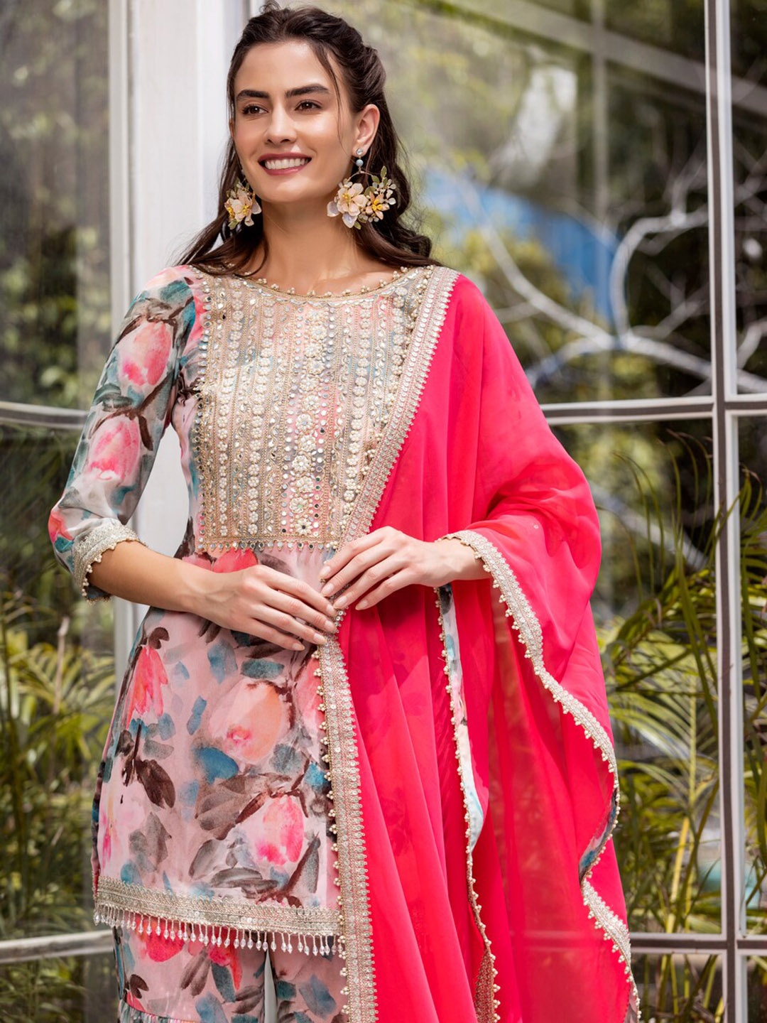 

MABISH LUXE Pink Floral Printed Thread Work Detail Straight Kurta & Sharara With Dupatta