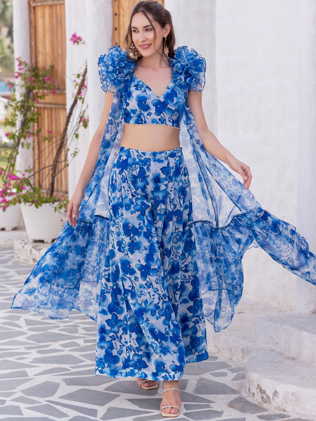 

MABISH LUXE Floral Printed Crop Top with Palazzos & Shrug Co-Ords, Blue
