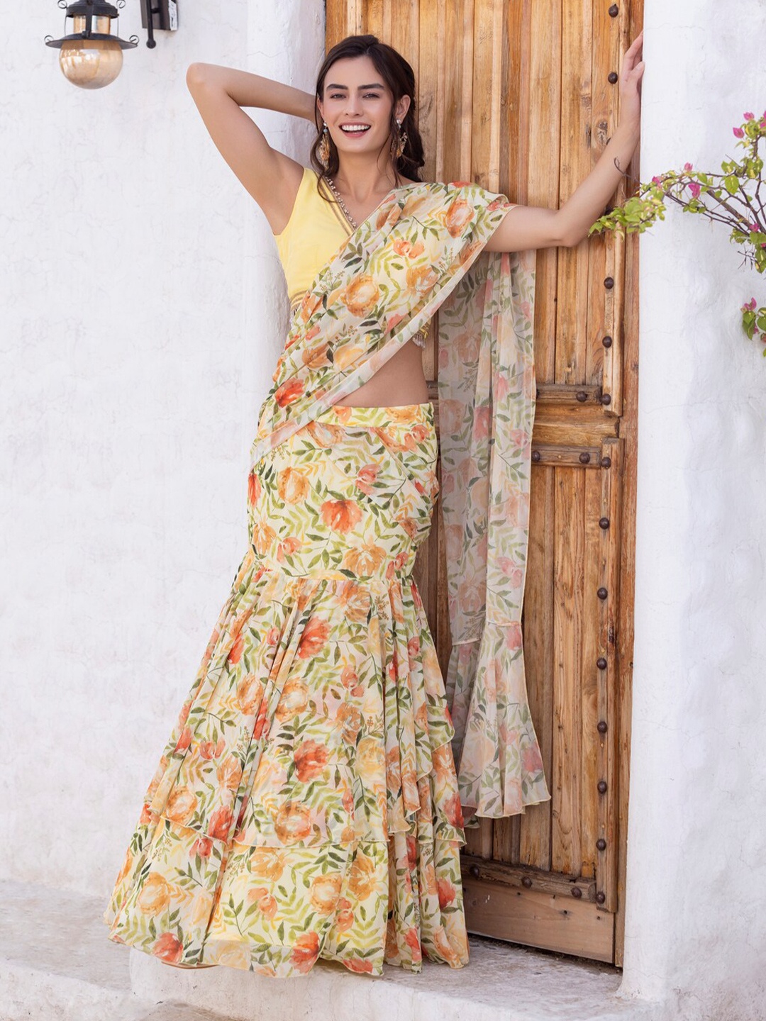 

MABISH LUXE Floral Printed Embellished Ready to Wear Saree, Yellow