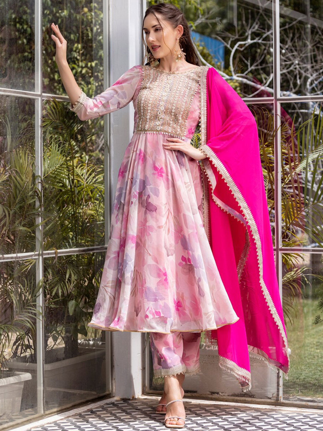 

MABISH LUXE Floral Printed Thread Work Detail Anarkali Kurta & Palazzos With Dupatta, Pink