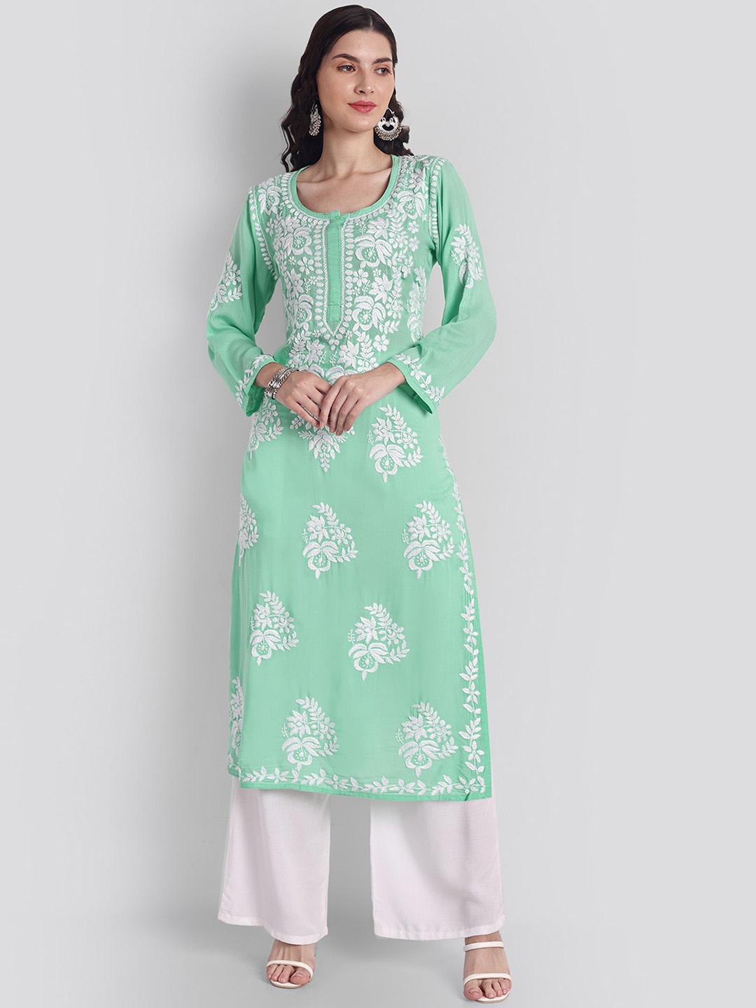 

Seva Chikan Ethnic Motifs Embroidered Lucknowi Chikankari Straight Modal Kurta, Sea green