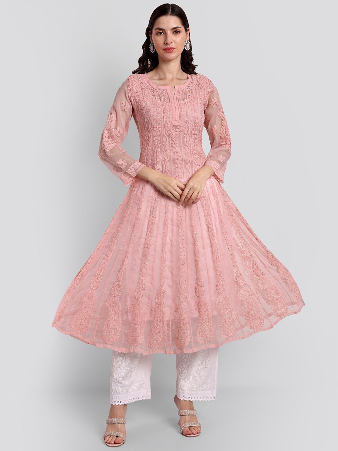 

Seva Chikan Ethnic Motifs Chikankari Embroidered Georgette Anarkali Kurta, Peach