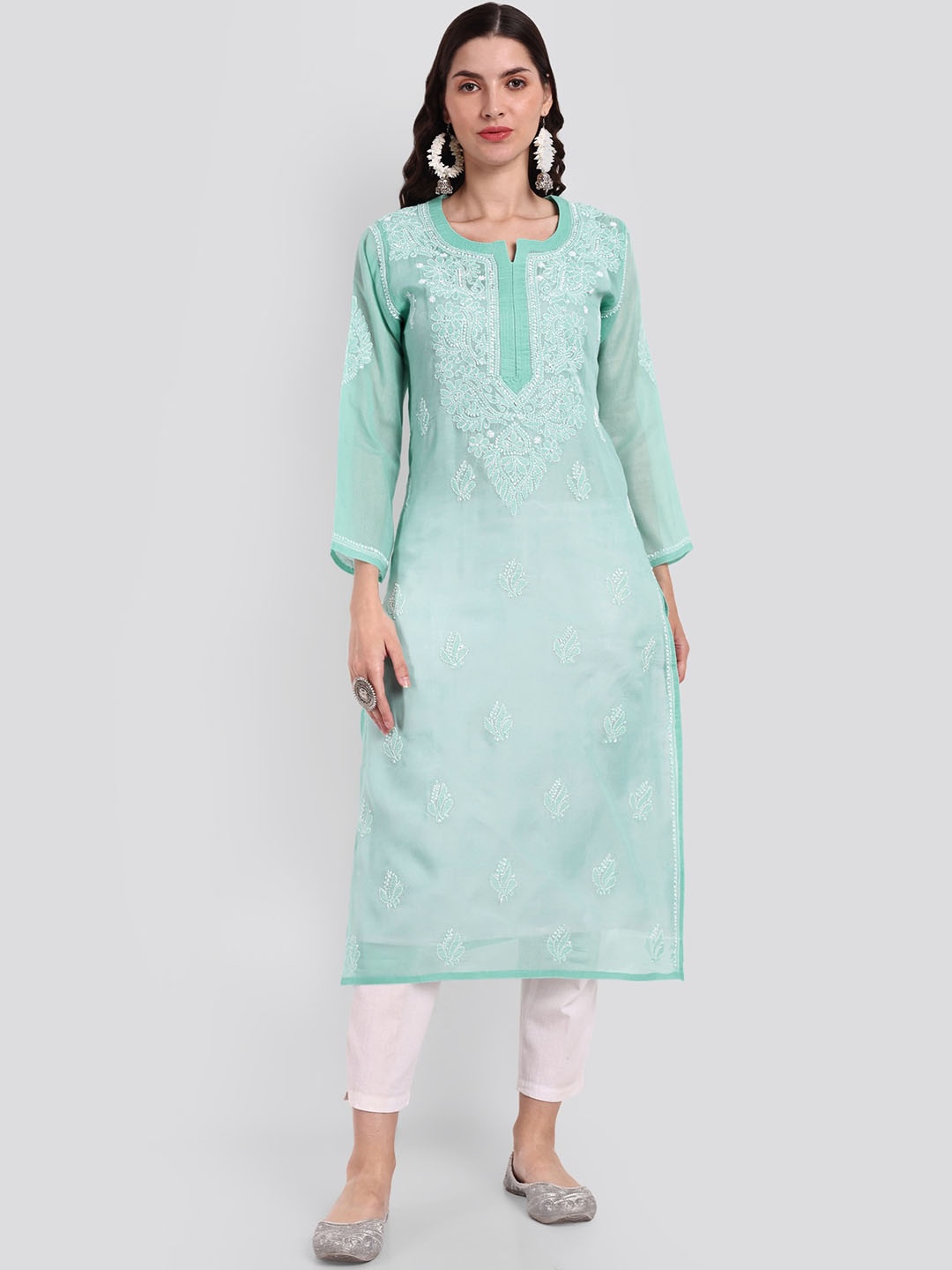 

Seva Chikan Floral Motifs Embroidered Chikankari Straight Kurta, Sea green