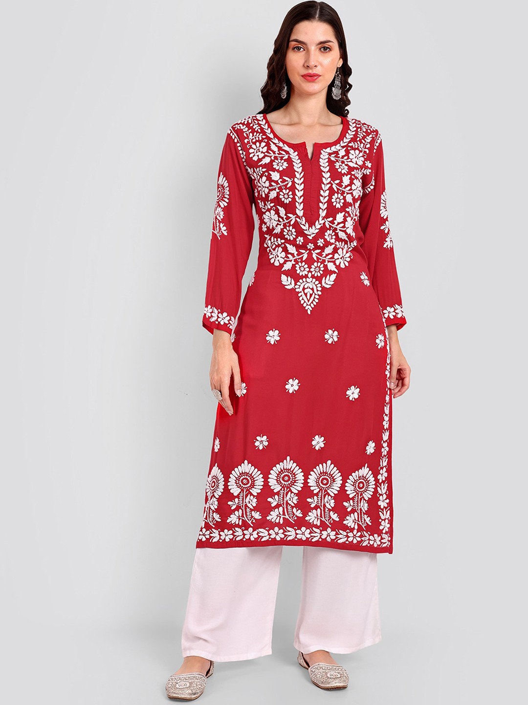 

Seva Chikan Ethnic Motifs Chikankari Embroidered Kurta, Red