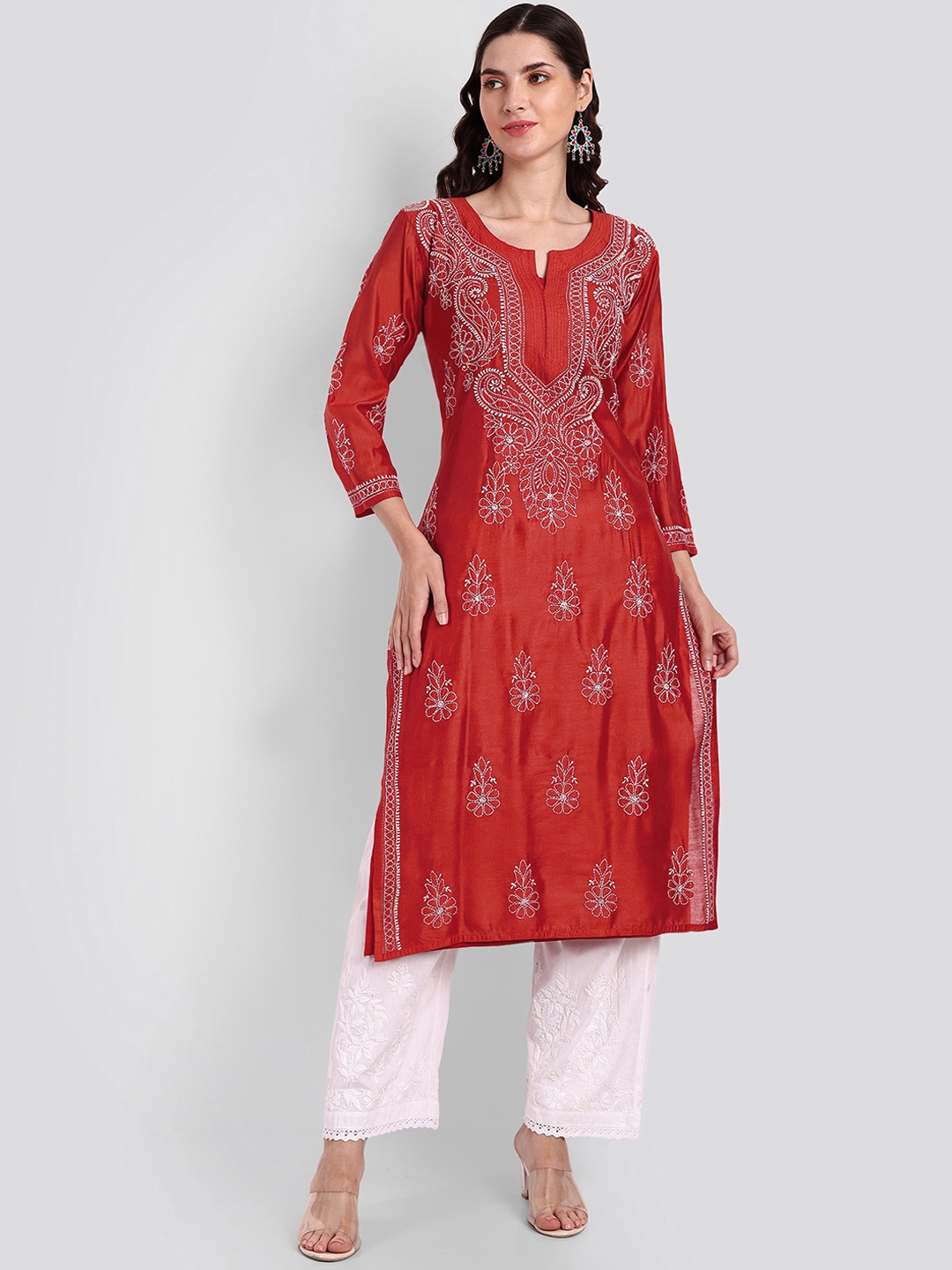 

Seva Chikan Ethnic Motifs Chikankari Embroidered Art Silk Kurta, Red