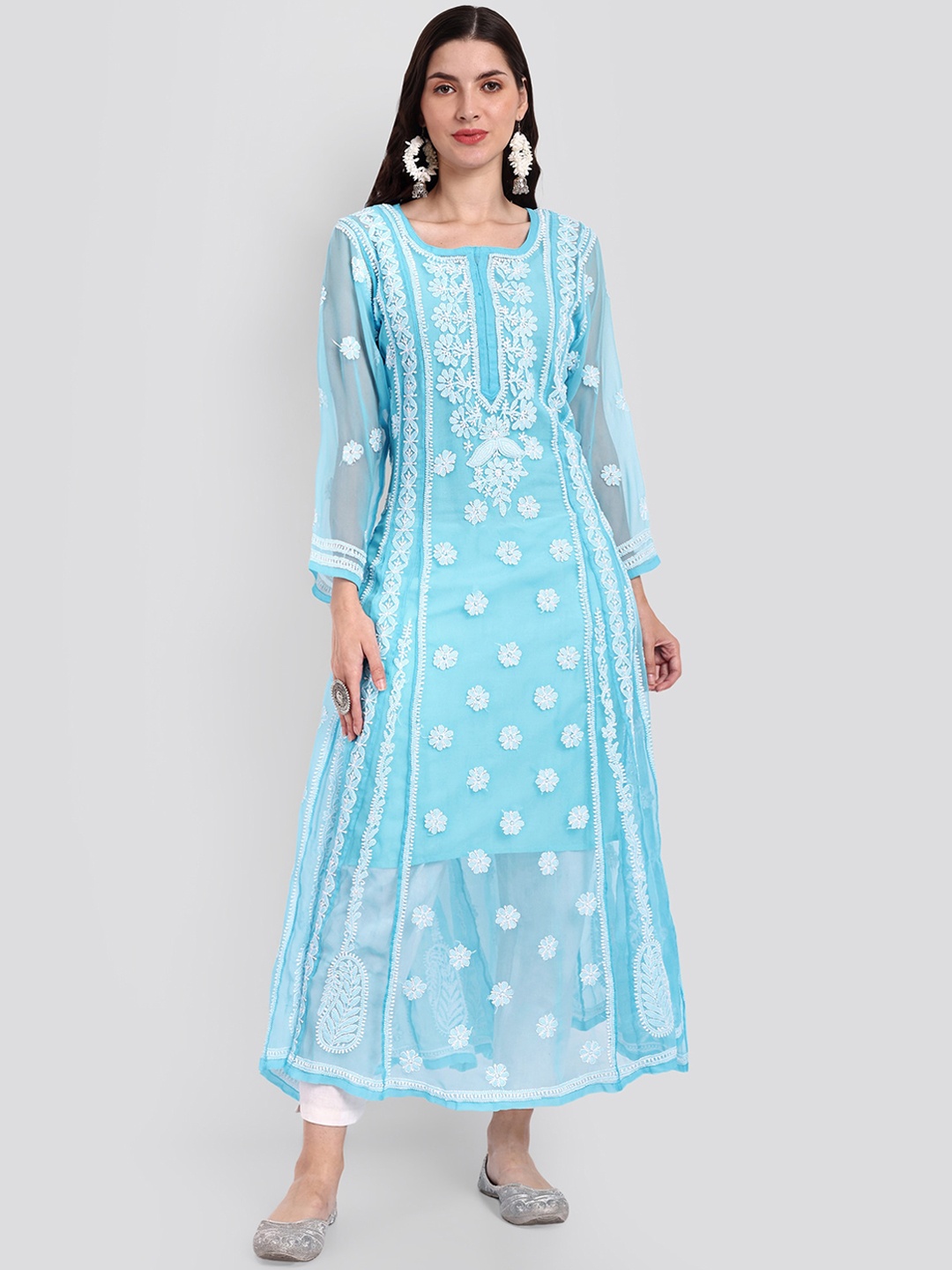 

Seva Chikan Ethnic Motifs Chikankari Embroidered Anarkali Kurta, Blue