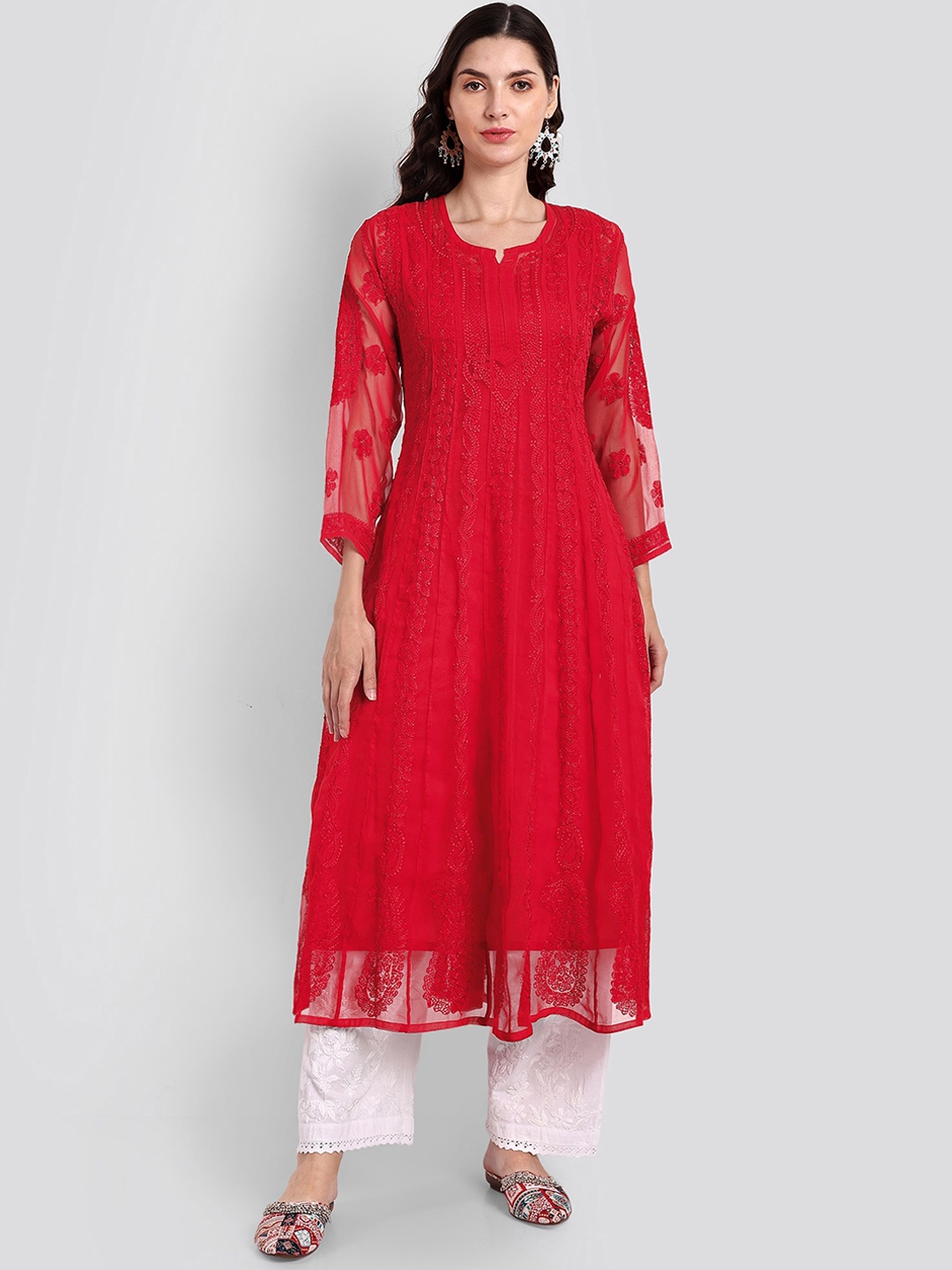 

Seva Chikan Paisley Embroidered Chikankari Anarkali Kurta, Red