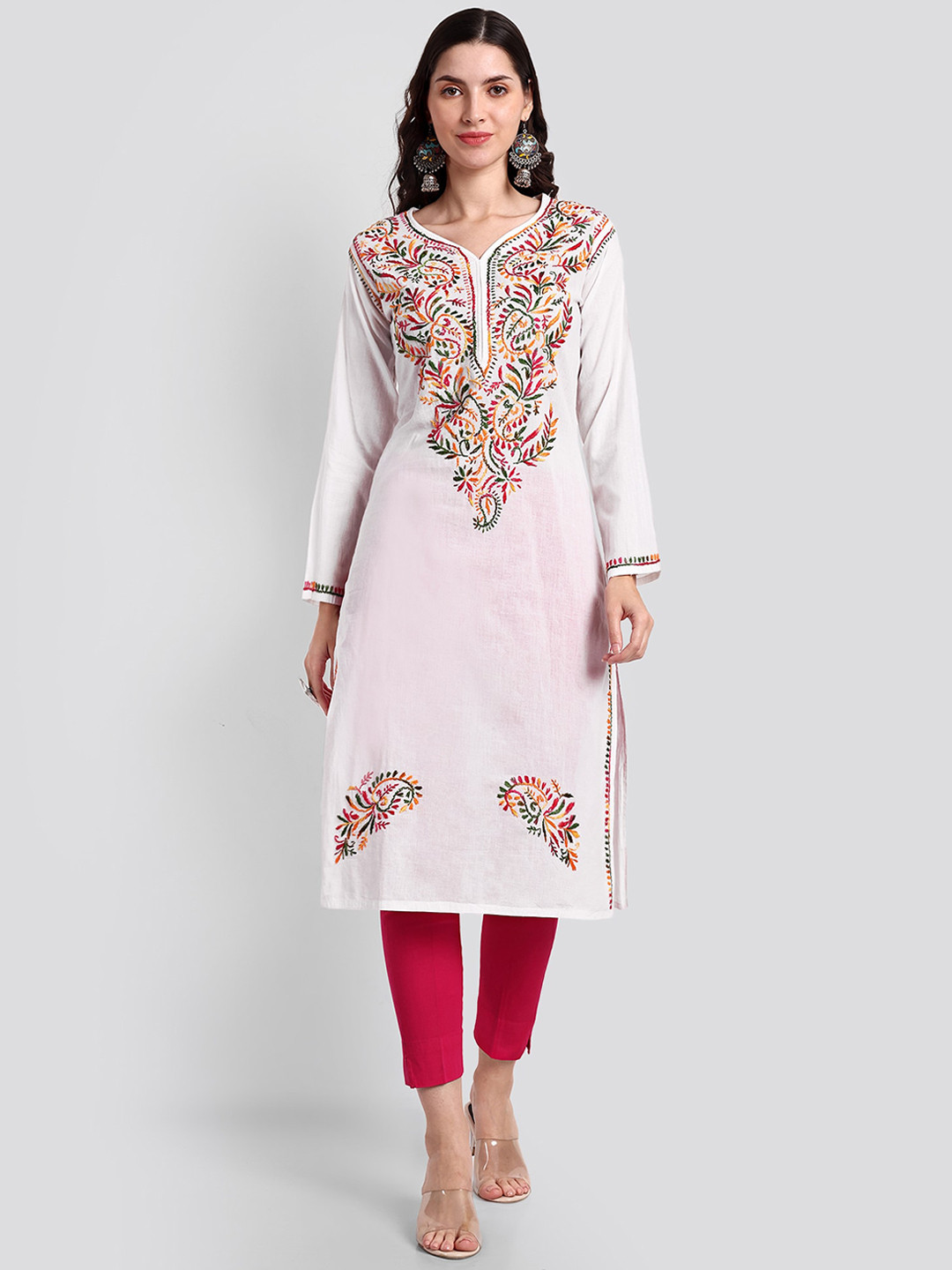 

Seva Chikan Ethnic Motifs Chikankari Embroidered Cotton Kurta, White