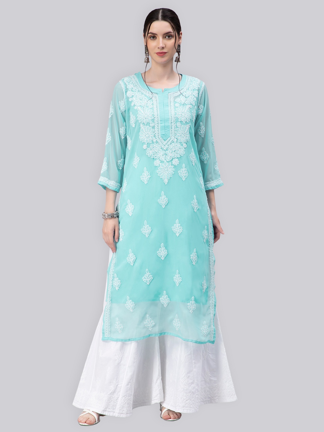 

Seva Chikan Floral Lucknowi Chikankari Embroidered Straight Georgette Kurta with Slip, Blue