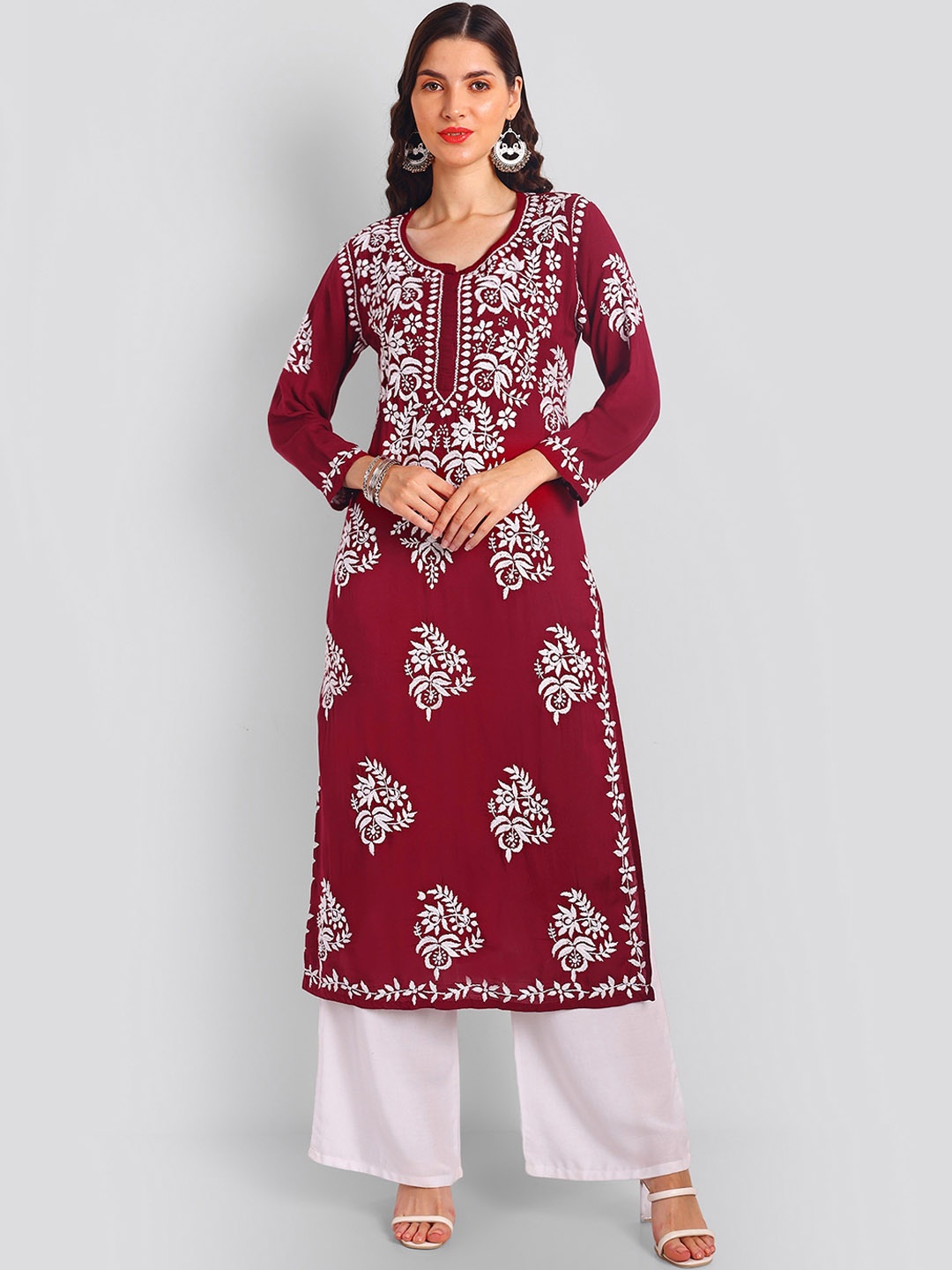 

Seva Chikan Ethnic Motifs Embroidered Lucknowi Chikankari Modal Straight Kurta, Maroon