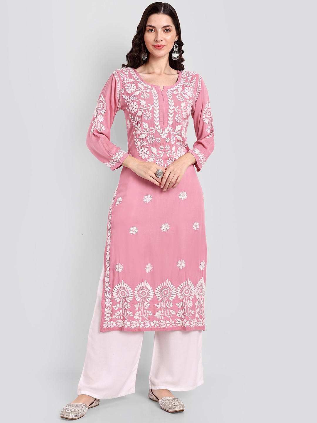 

Seva Chikan Ethnic Motifs Chikankari Embroidered Kurta, Pink