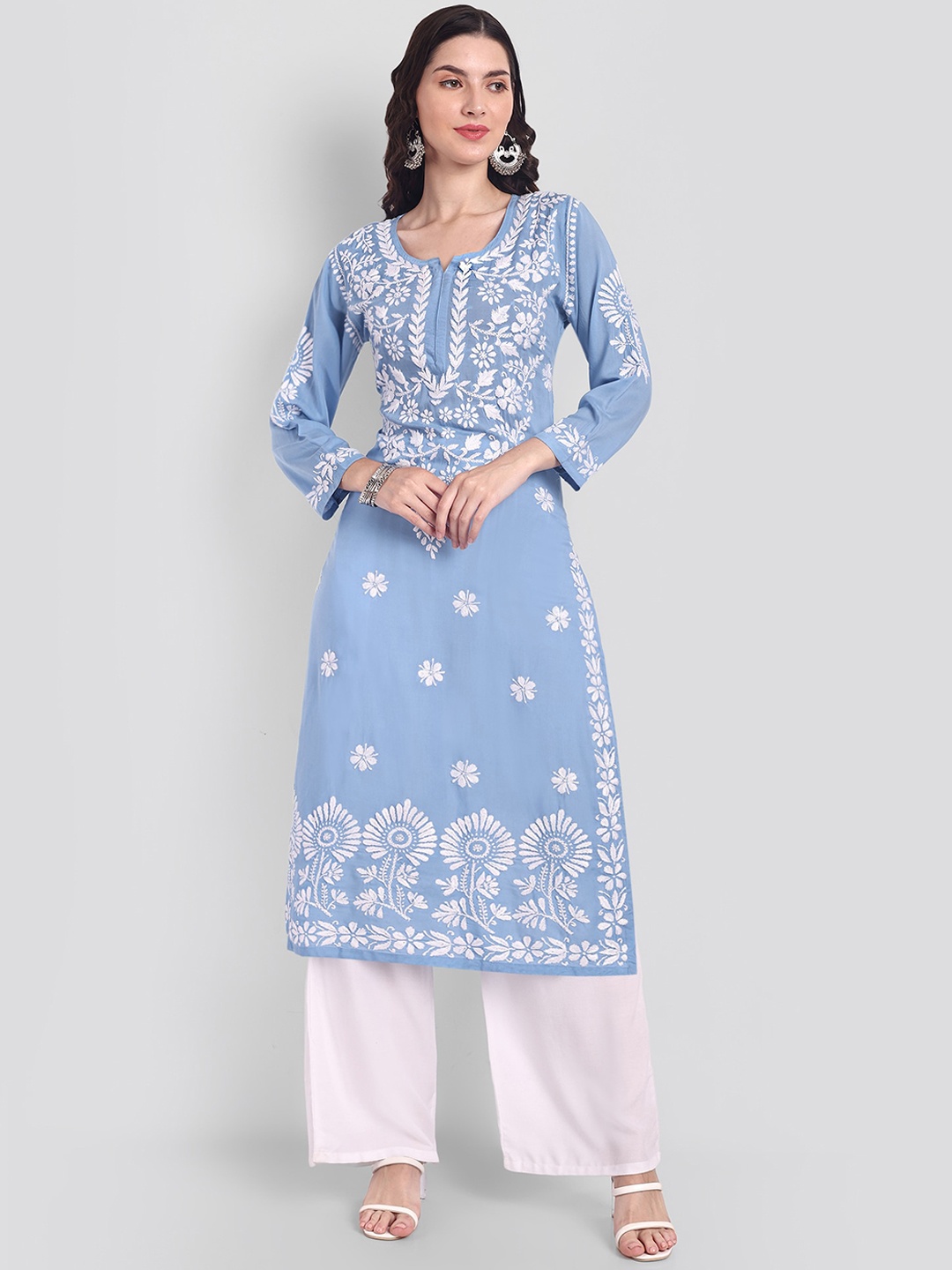 

Seva Chikan Ethnic Motifs Embroidered Lucknowi Chikankari Modal Straight Kurta, Blue