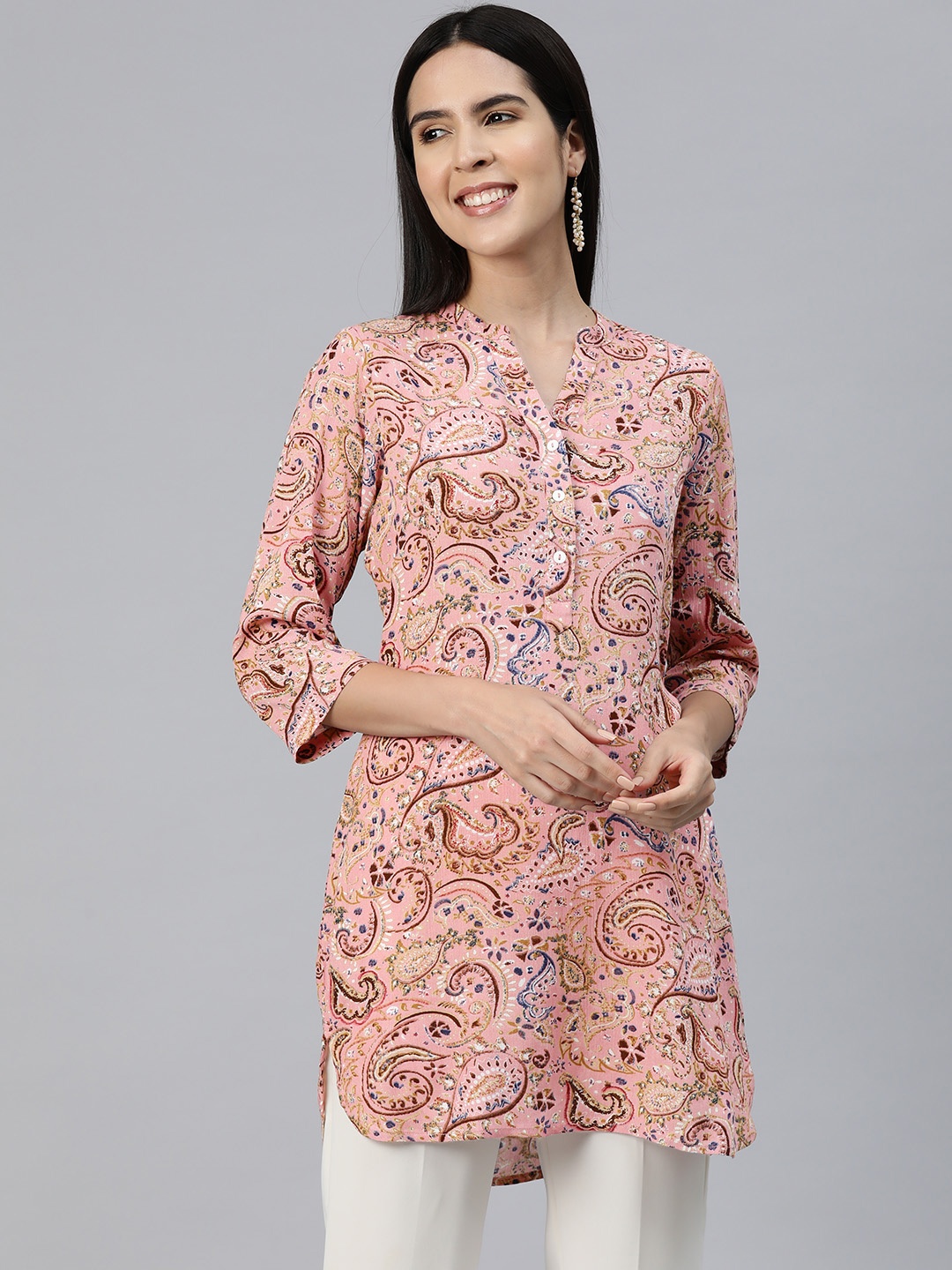 

Ayaany Ethnic Print Mandarin Collar Ethnic Tunic, Pink