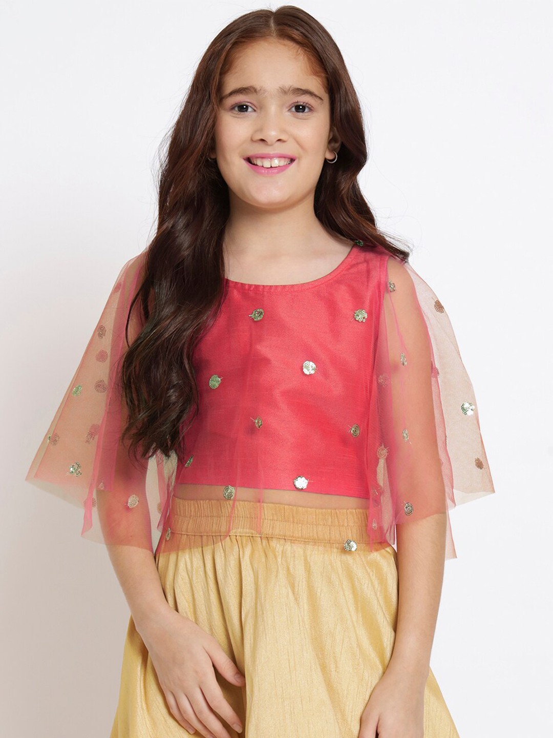 

studio rasa Girls Embellished Cape Sleeve Net Crop Top, Coral