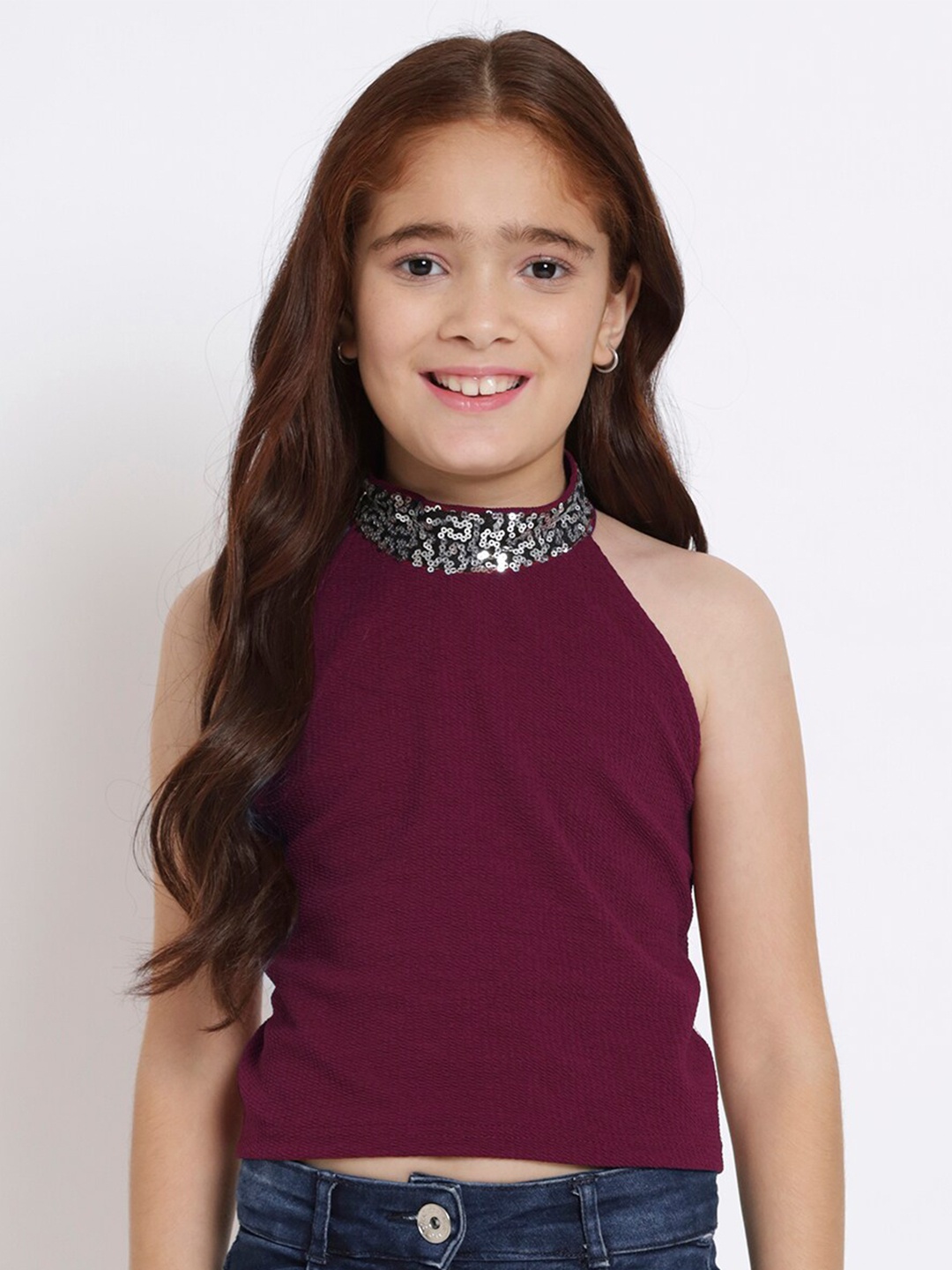 

studio rasa Girls Halter Neck Sequined Detail Crop Top, Maroon