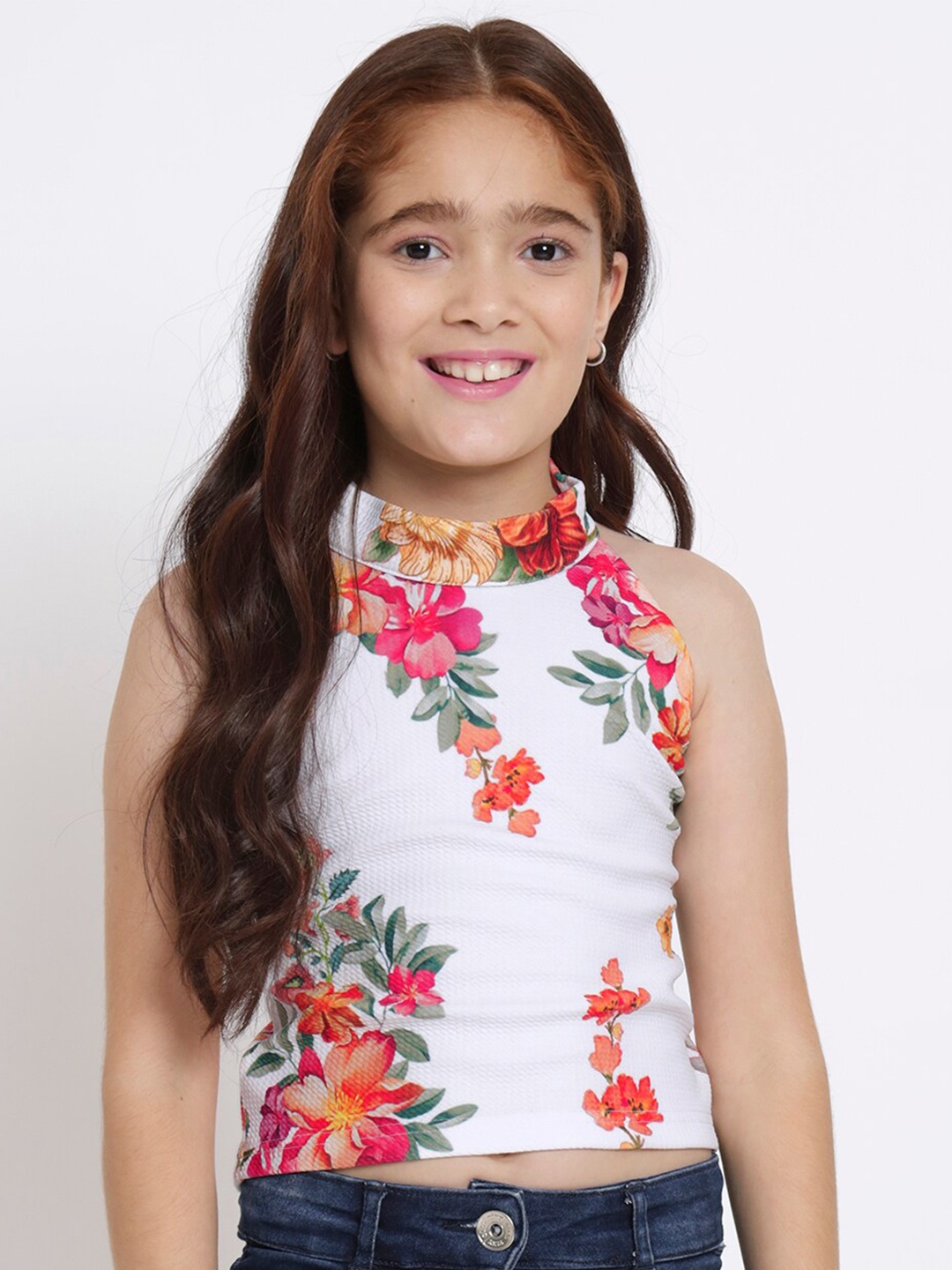 studio rasa Girls Floral Printed Crop Top, White
