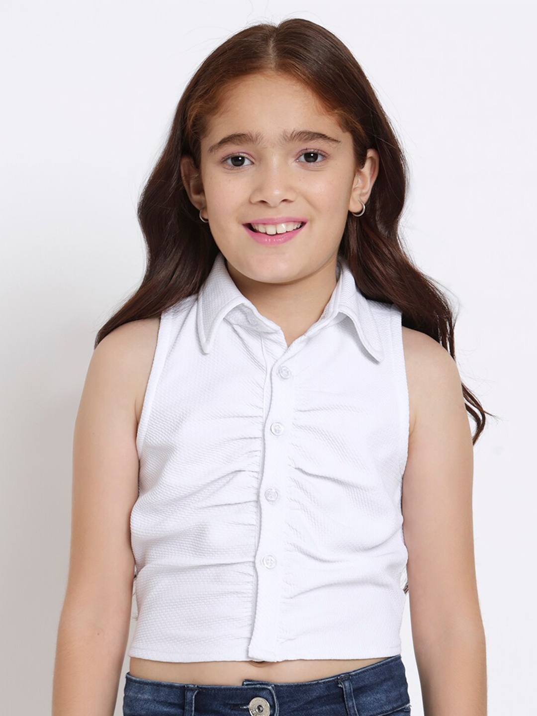 

studio rasa Girls Sleeveless Gathered Shirt Style Crop Top, White