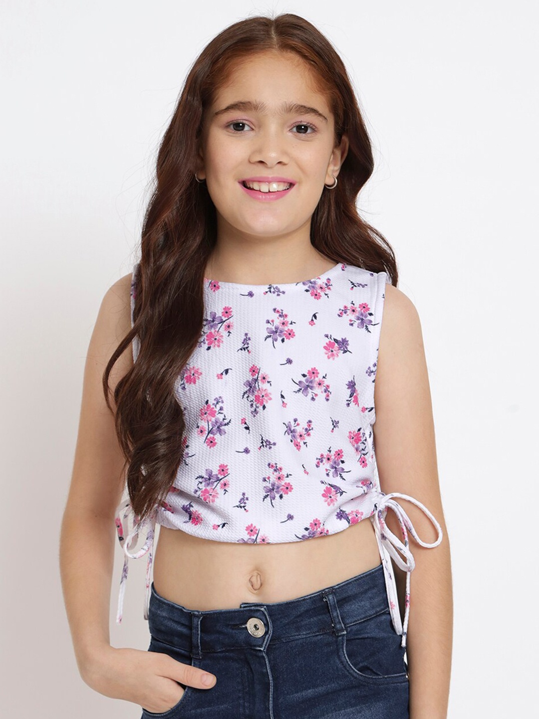 studio rasa Girls Floral Printed Sleeveless Tie-up Crop Top, White
