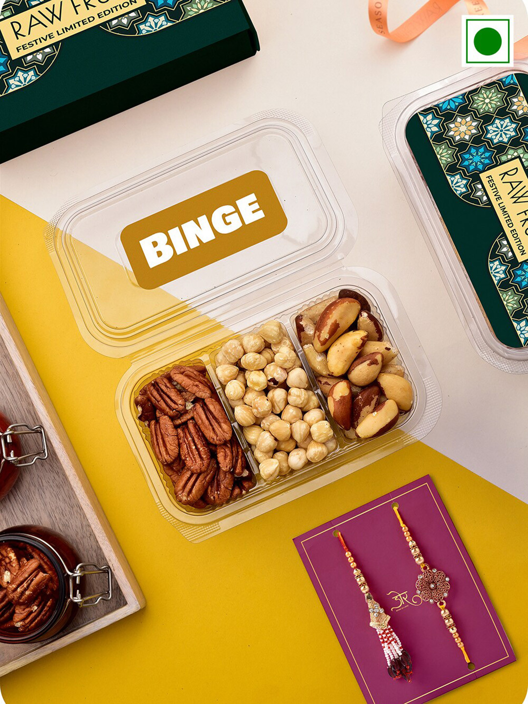 

RawFruit Set Of 2 Bhai Bhabhi Rakhi With Roli Chawal & DryFruits Gift Set, Gold