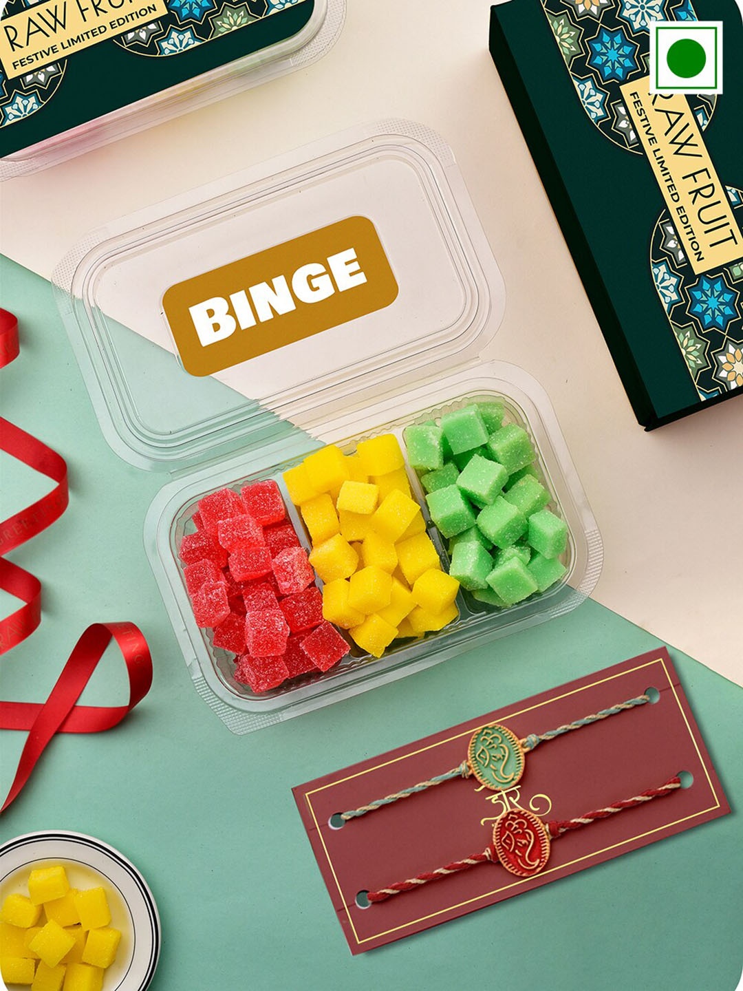 

RawFruit Set Of 2 Charm Beaded Rakhis With Fruit Jelly Gift Set-80 gms Each, Green