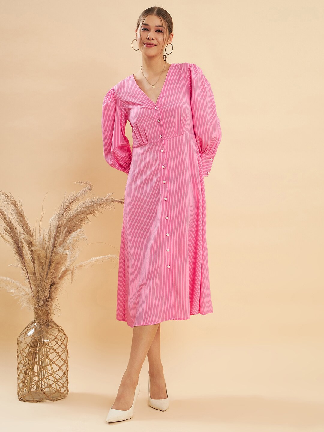 

URBANGRACE BY KASSUALLY Pink & White Striped A-Line Midi Dress