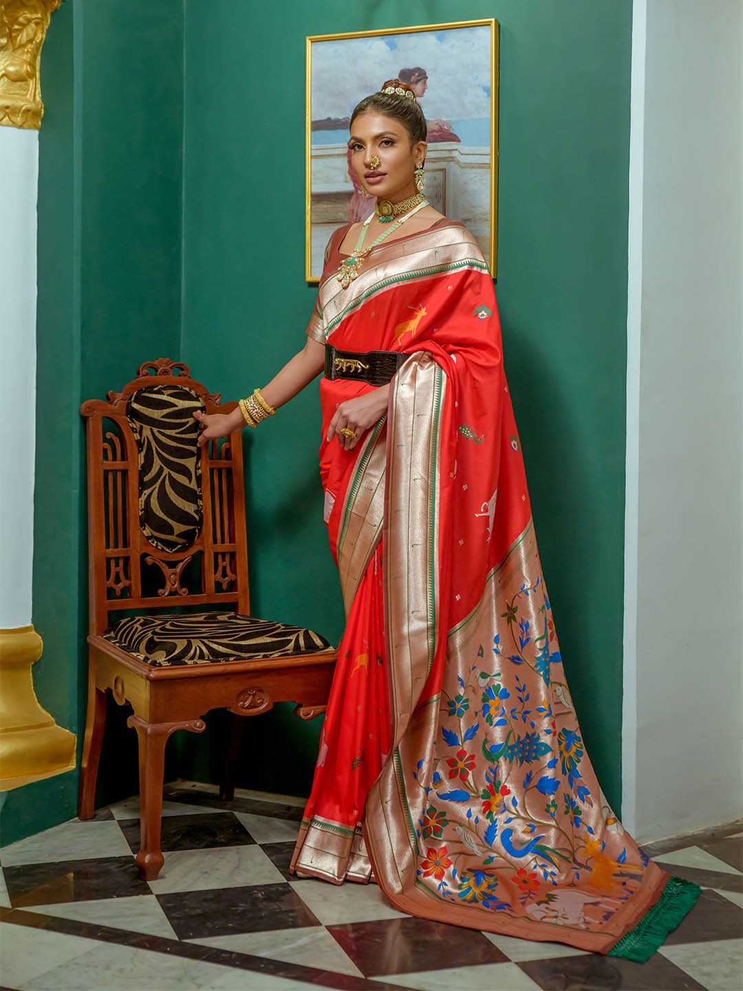 

VISHNU WEAVES Ethnic Motifs Woven Design Zari Pure Silk Paithani Saree, Red
