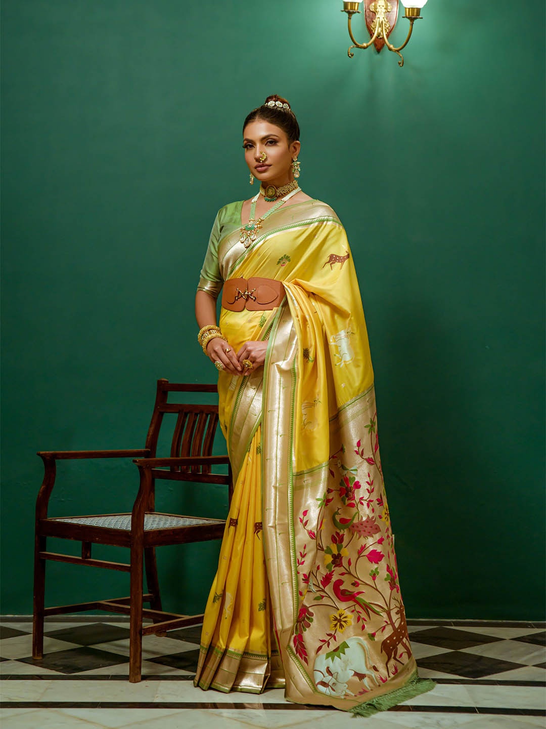 

VISHNU WEAVES Ethnic Motifs Woven Design Zari Pure Silk Paithani Saree, Yellow