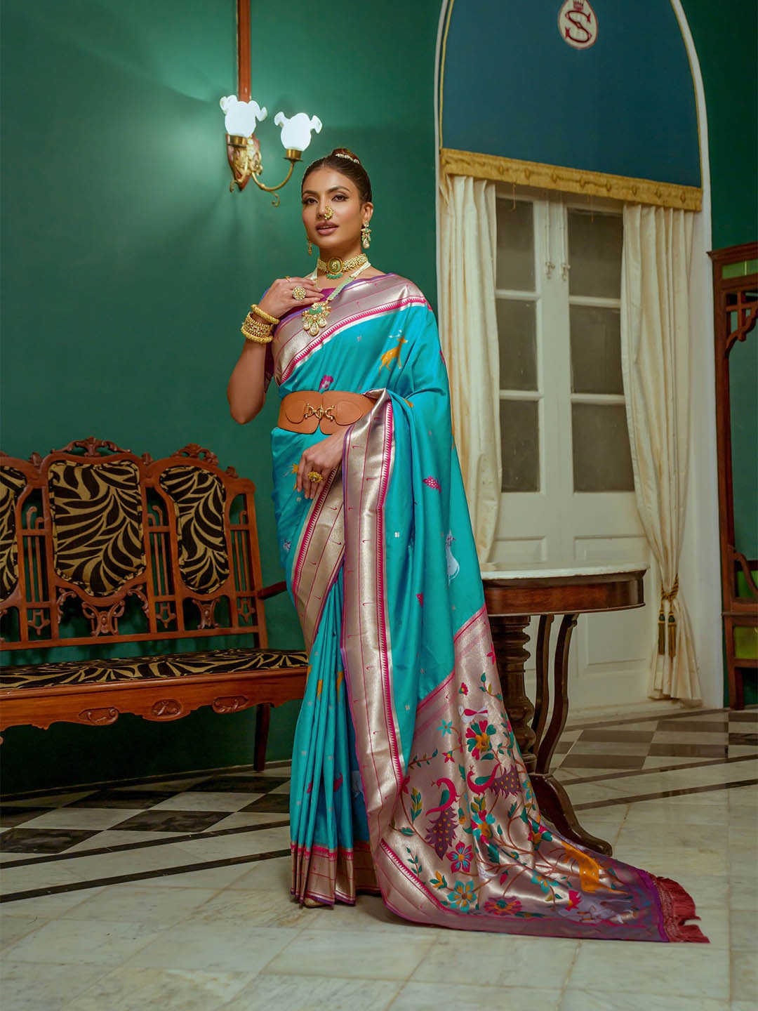 

VISHNU WEAVES Ethnic Motifs Woven Design Zari Pure Silk Paithani Saree, Turquoise blue