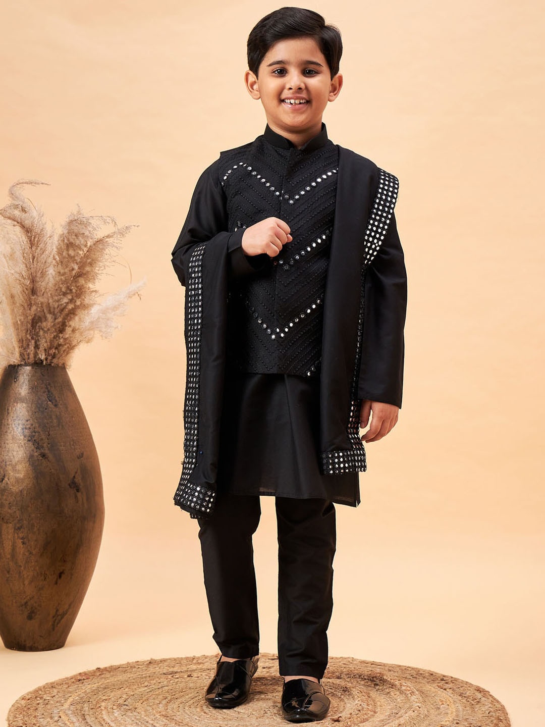 

VASTRAMAY Boys Mandarin Collar Mirror Work Straight Kurta With Pyjamas & Dupatta Set, Black