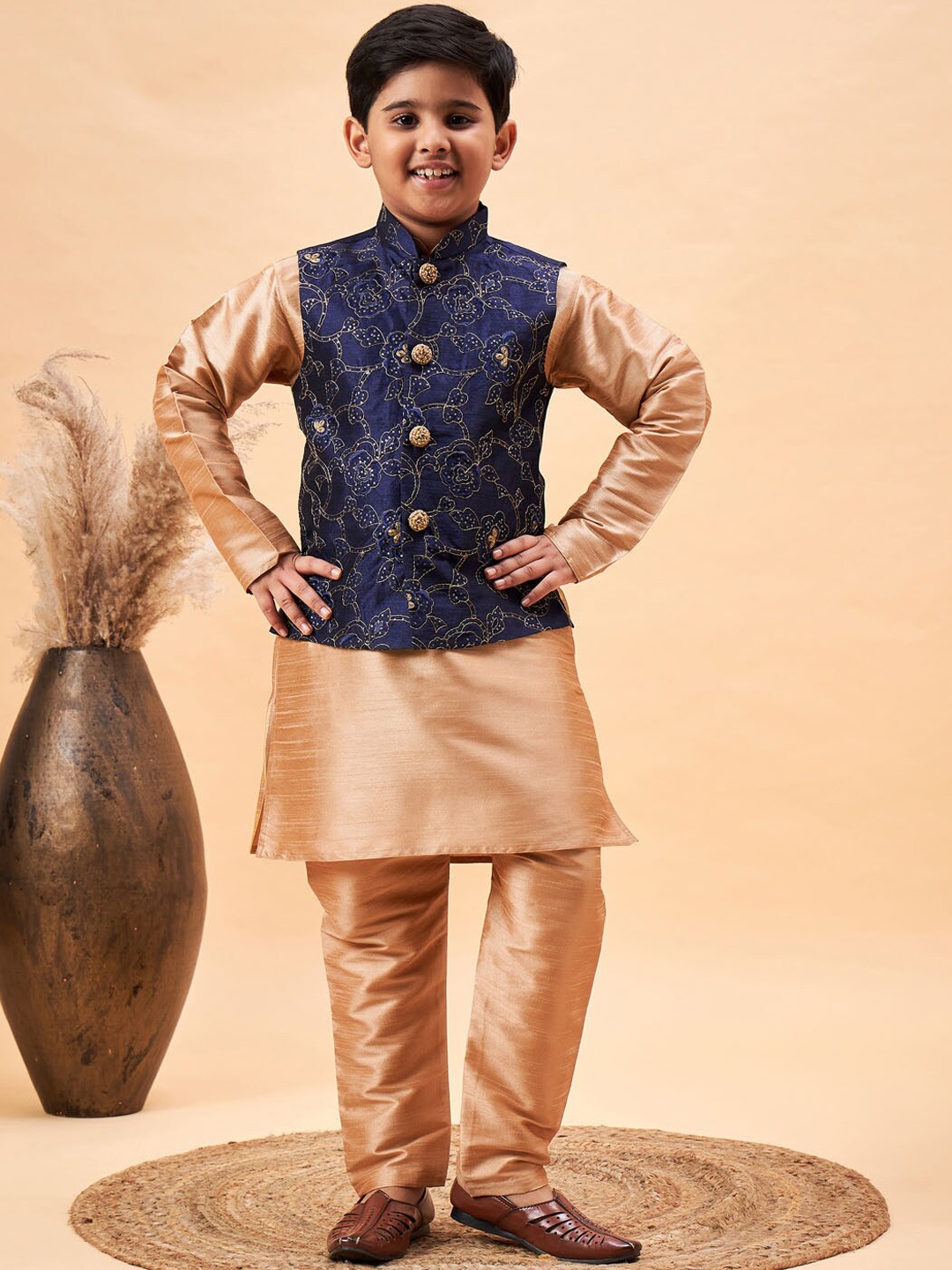 

VASTRAMAY Boys Mandarin Collar Kurta With Pyjamas & Nehru Jacket, Rose gold