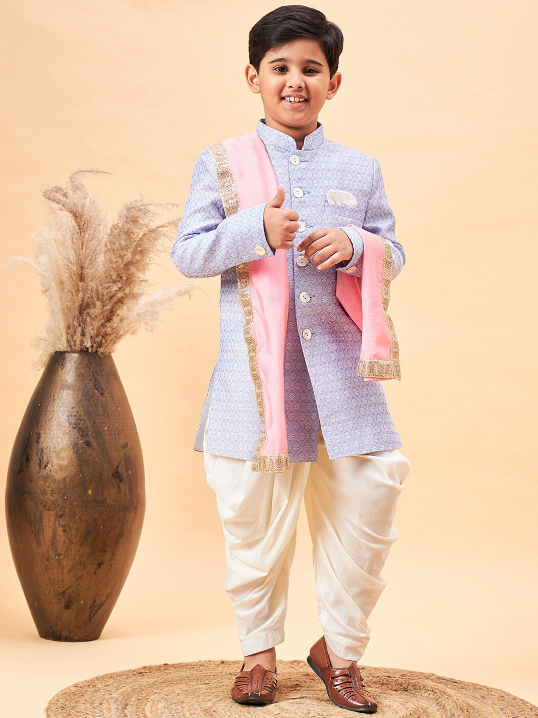 

VASTRAMAY Boys Embroidered Sherwani Set, Lavender