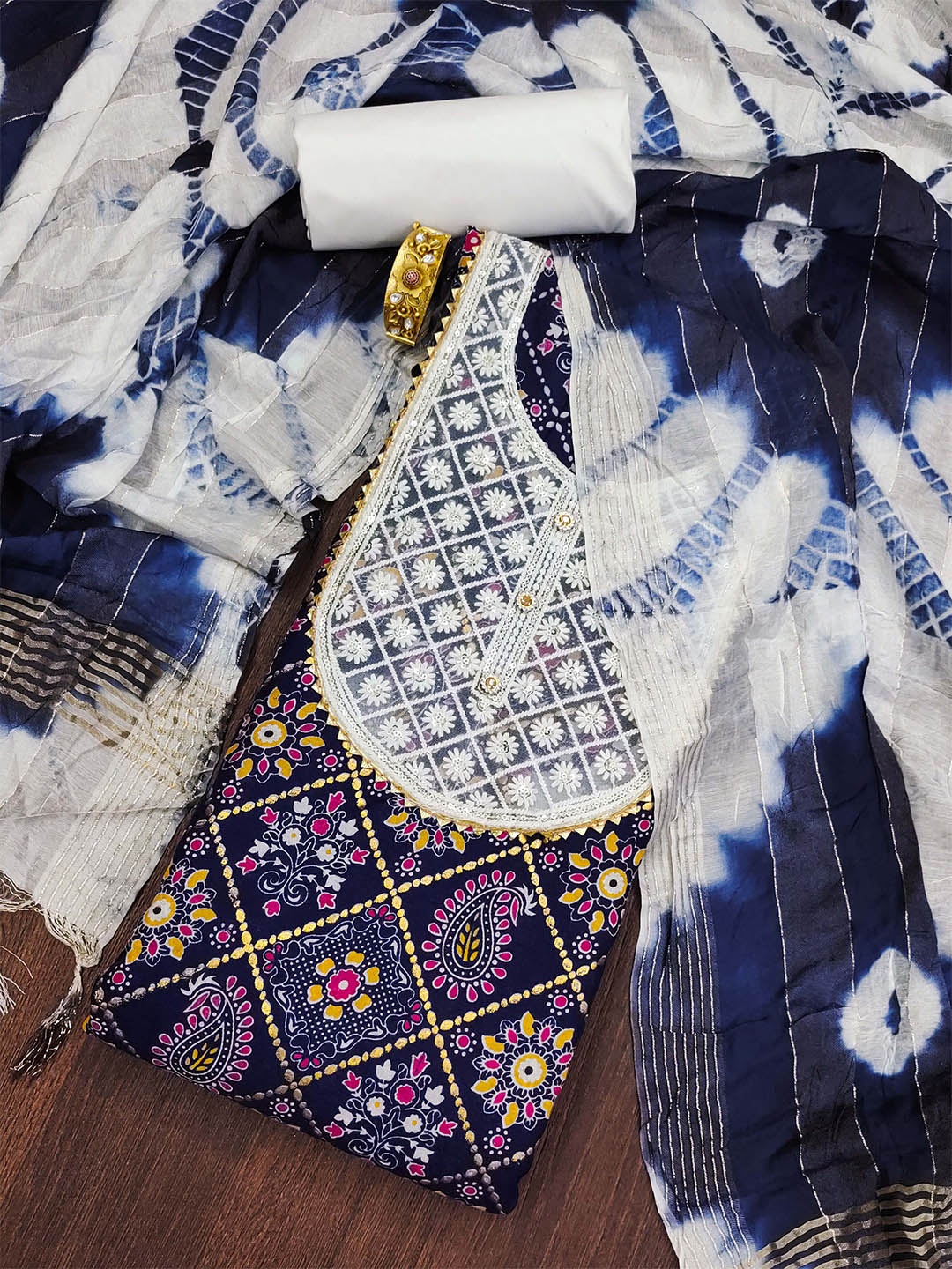 

KALINI Ethnic Motifs Printed Thread Work Unstitched Dress Material, Blue