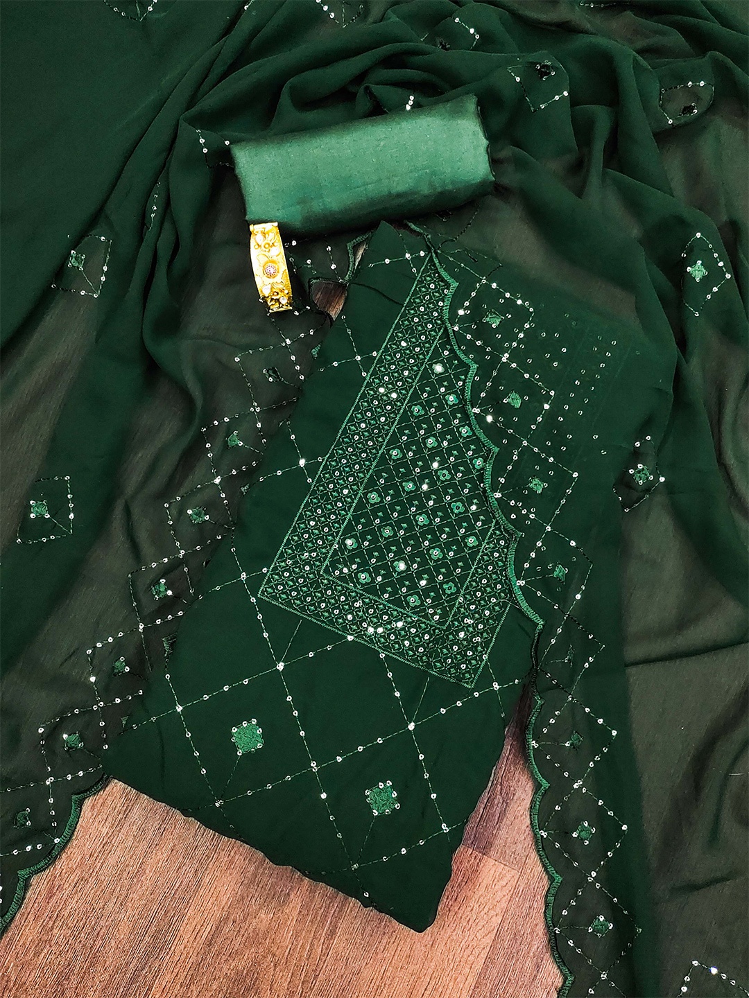 

KALINI Geometric Embroidered Sequinned Unstitched Dress Material, Green