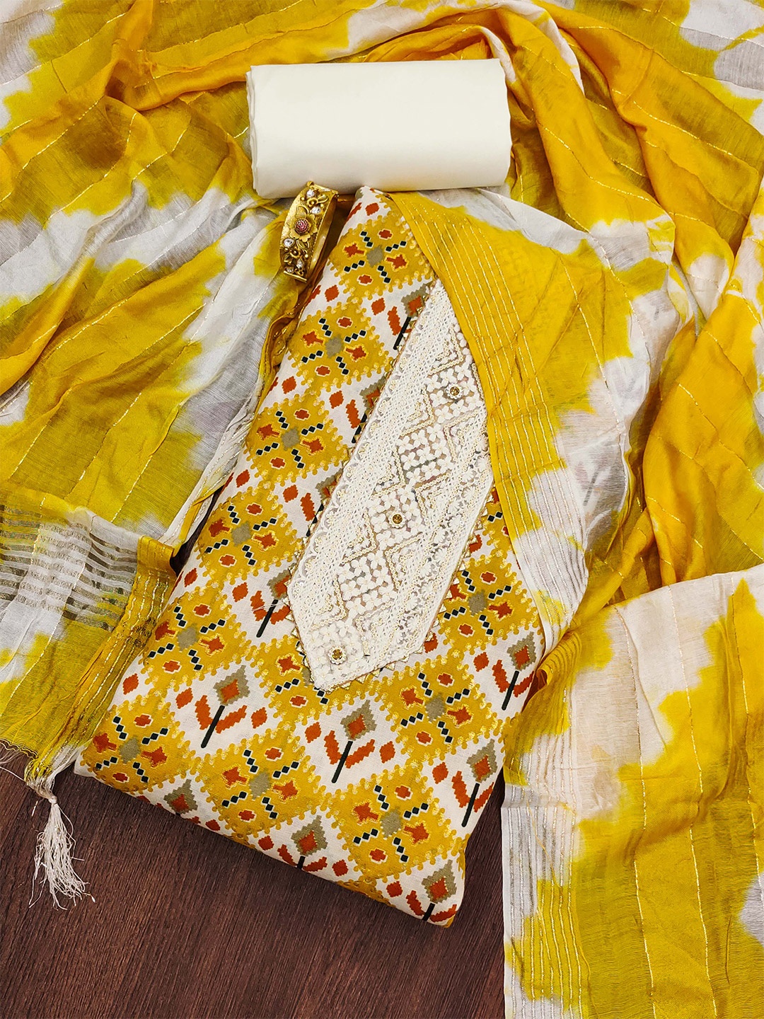 

KALINI Ethnic Motifs Printed Sequinned Unstitched Dress Material, Yellow